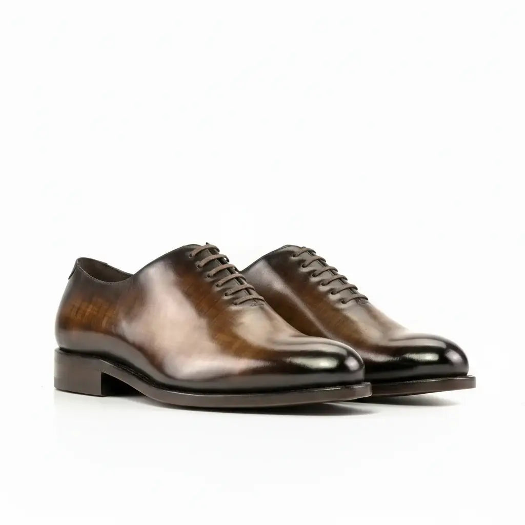 Polished brown leather Mozart patina wholecut oxford shoes, custom made luxury footwear.