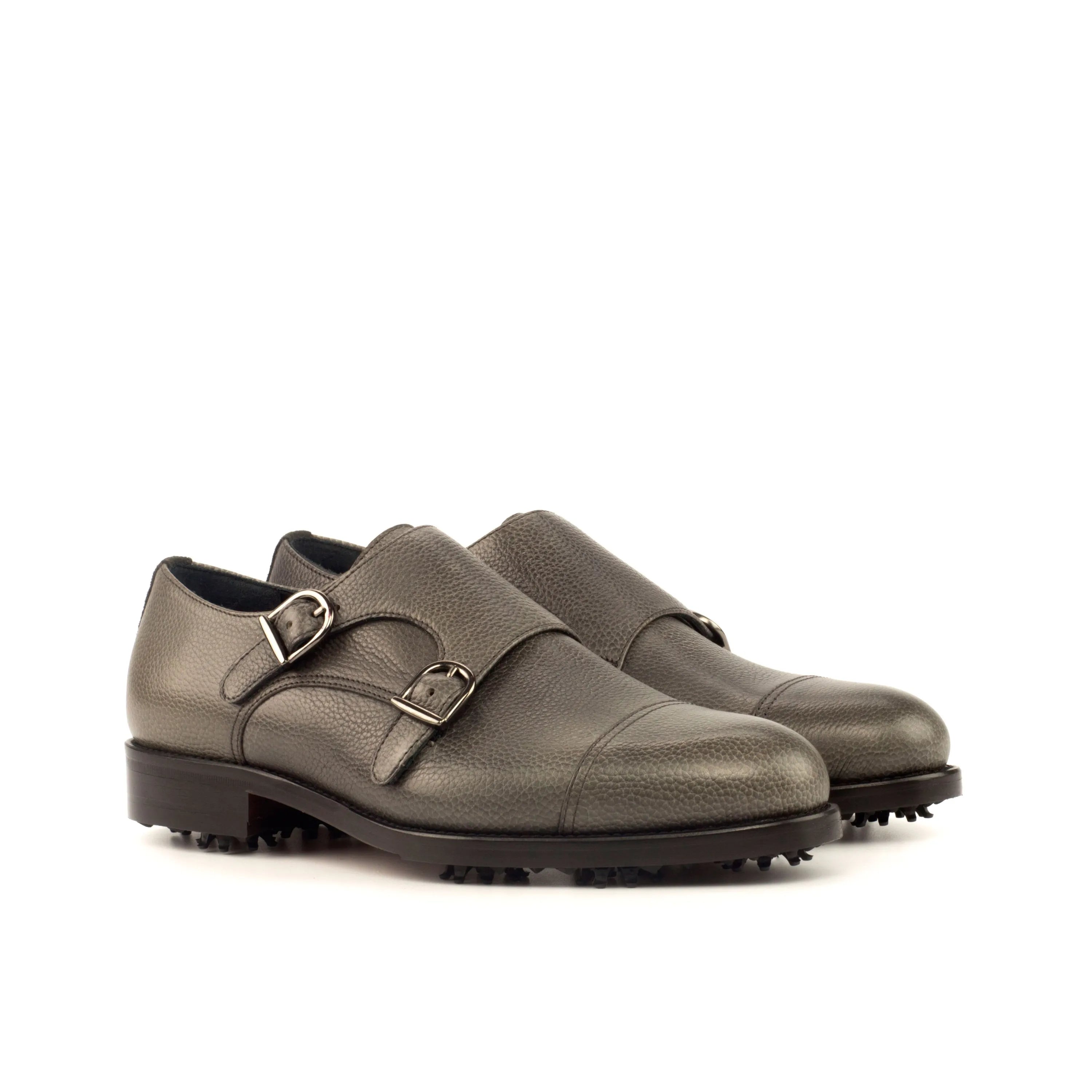 Gray leather double monk strap shoes for stylish Puck Golf shoes collection