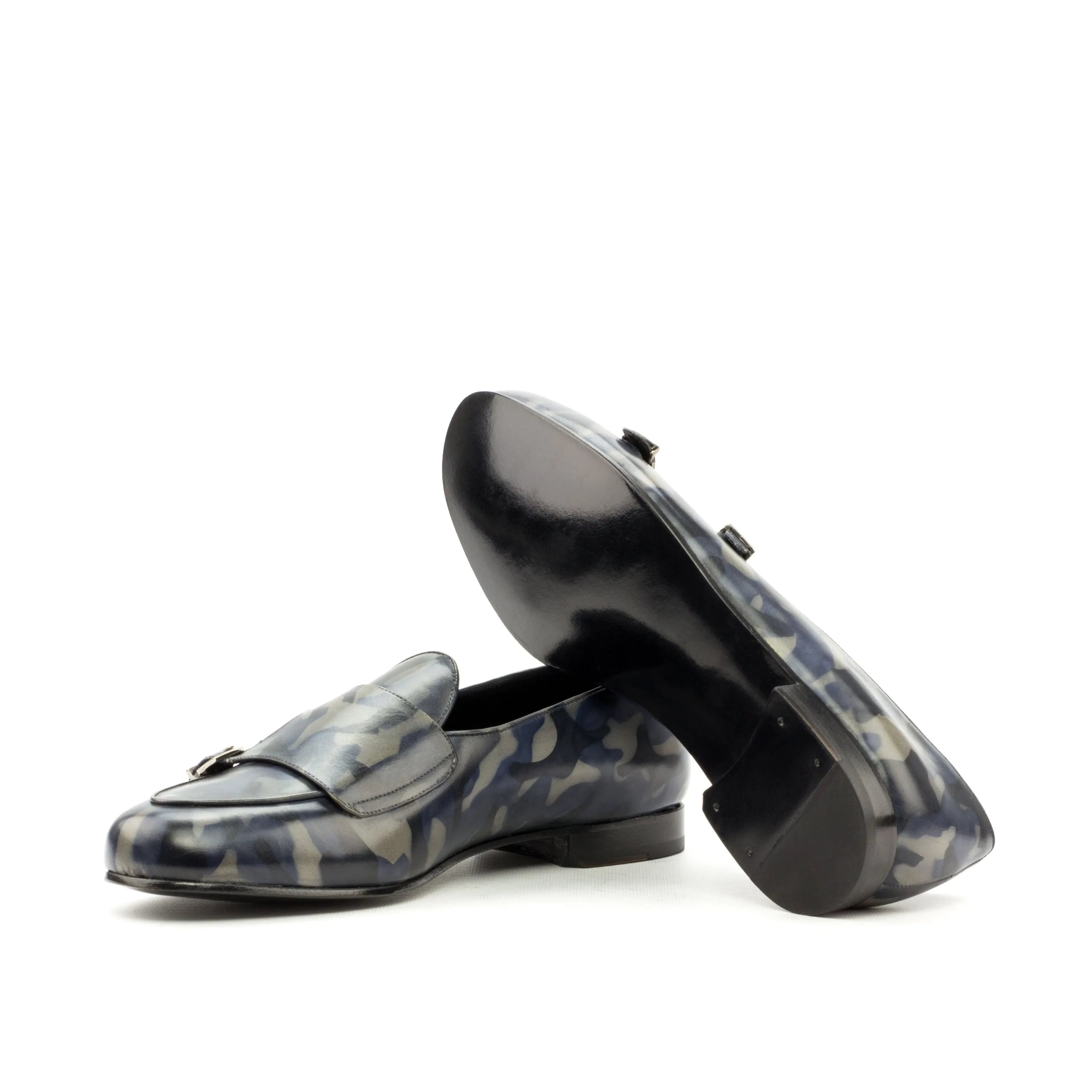 Camouflage patterned leather loafers from Pyyros Patina Belgian Monk Slipper collection