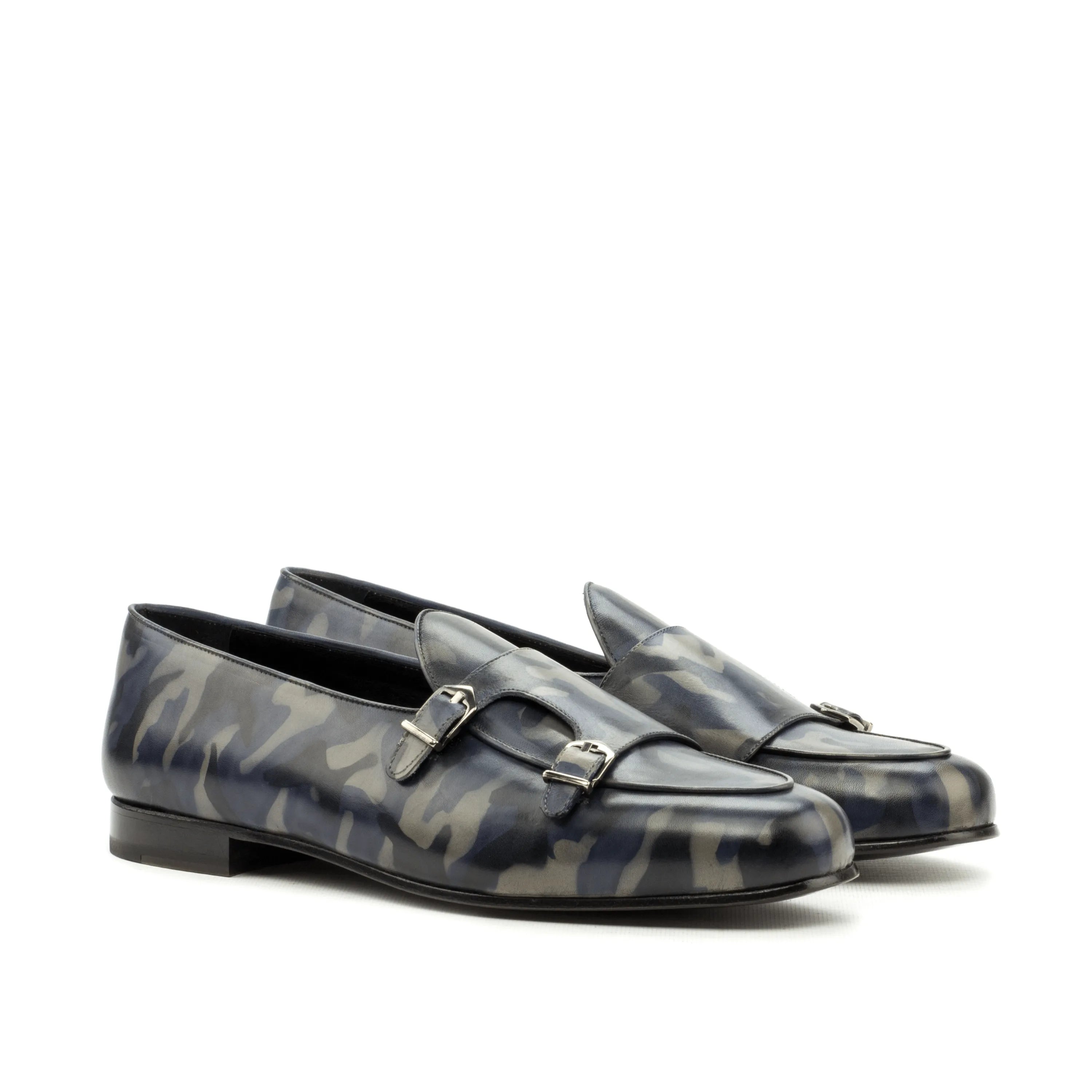 Camouflage Double Monk Strap Shoes, Pyyros Patina Belgian Monk Slipper in Cut Patina Style