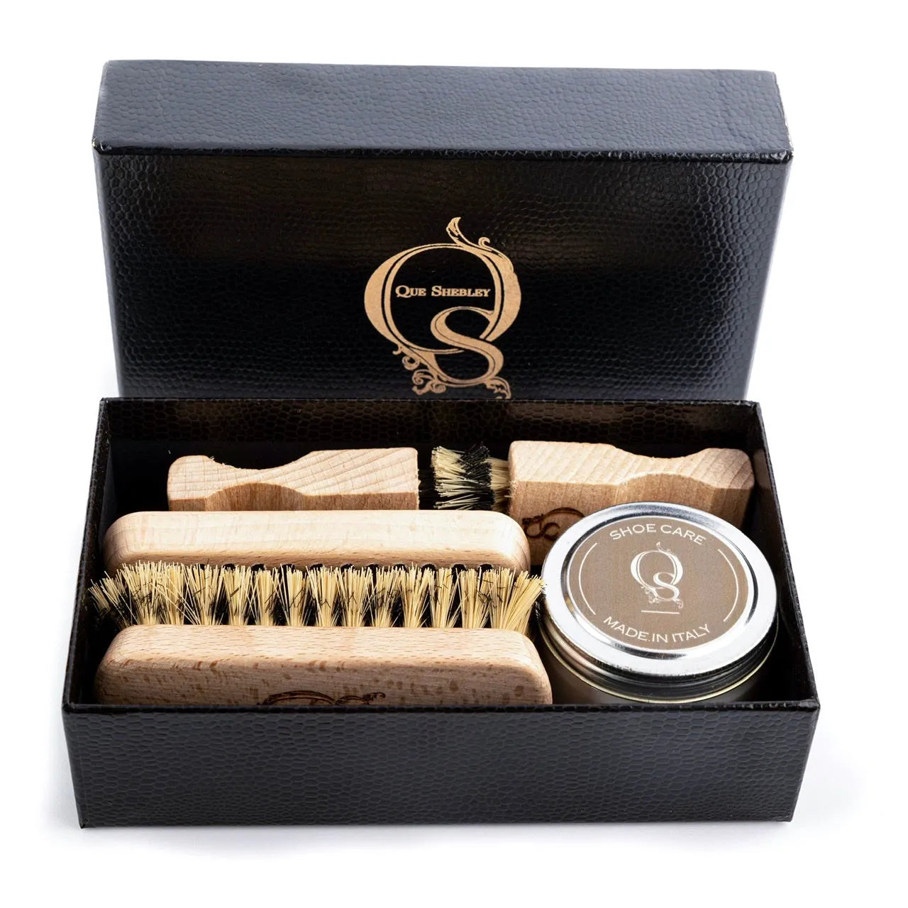 Shoe care kit in a black box featuring Q Lux Leather Care Kit for premium leather maintenance
