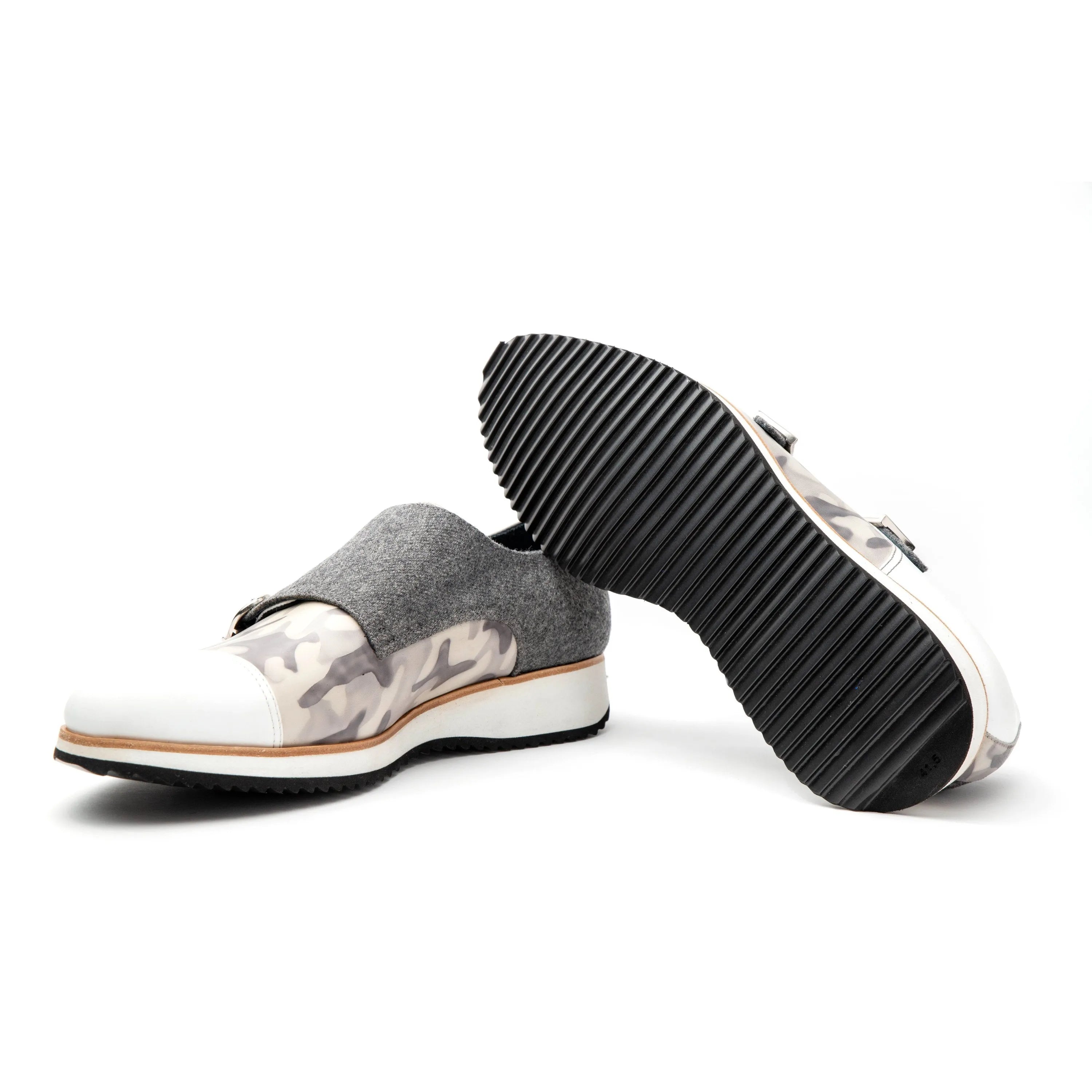 Camouflage and gray slip-on shoes, featuring the stylish Q1 Patina Double Monk design