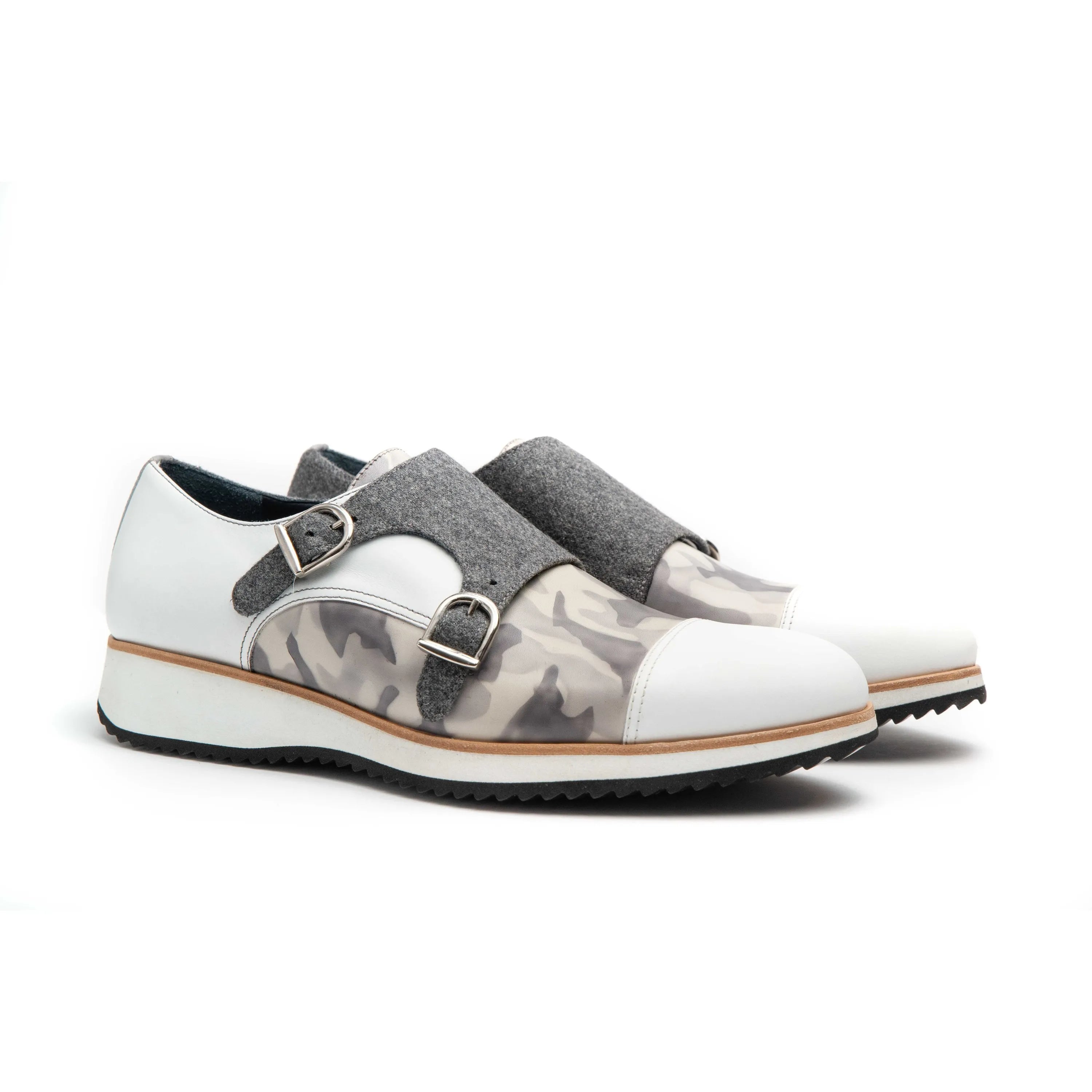 White and camouflage Q1 Patina Double Monk strap shoes for stylish men’s footwear