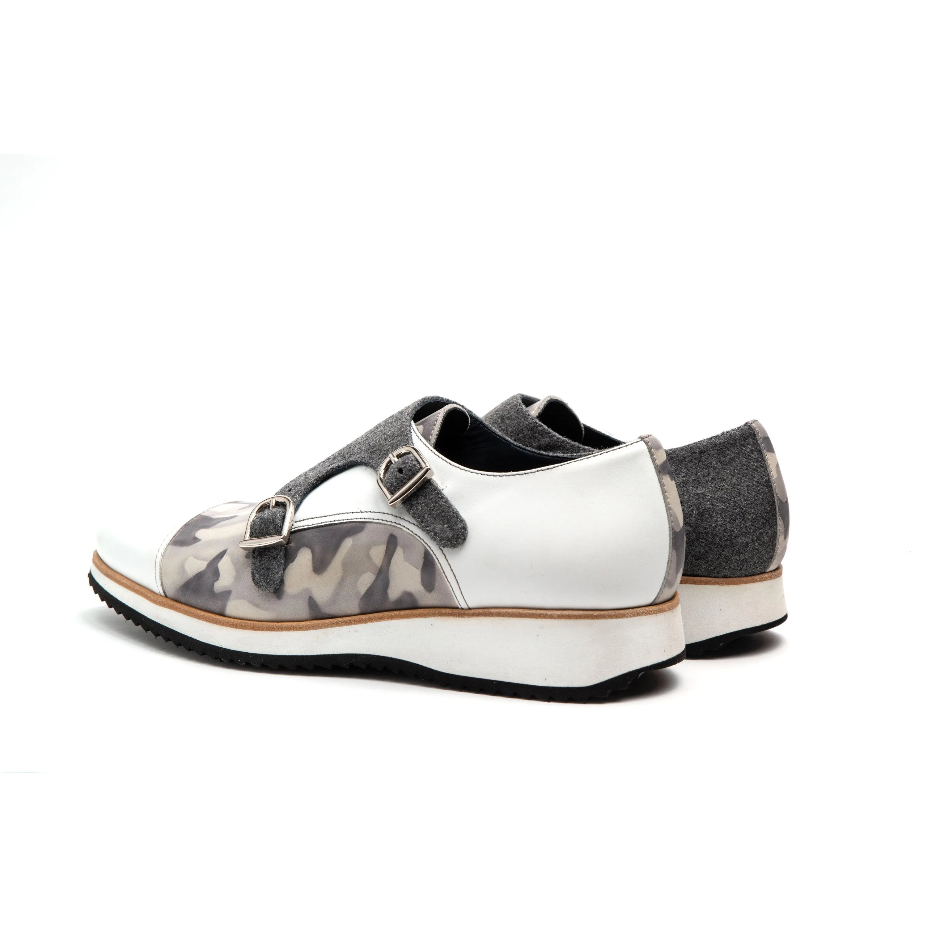 White and camouflage Patina Double Monk strap shoes for a stylish and modern look
