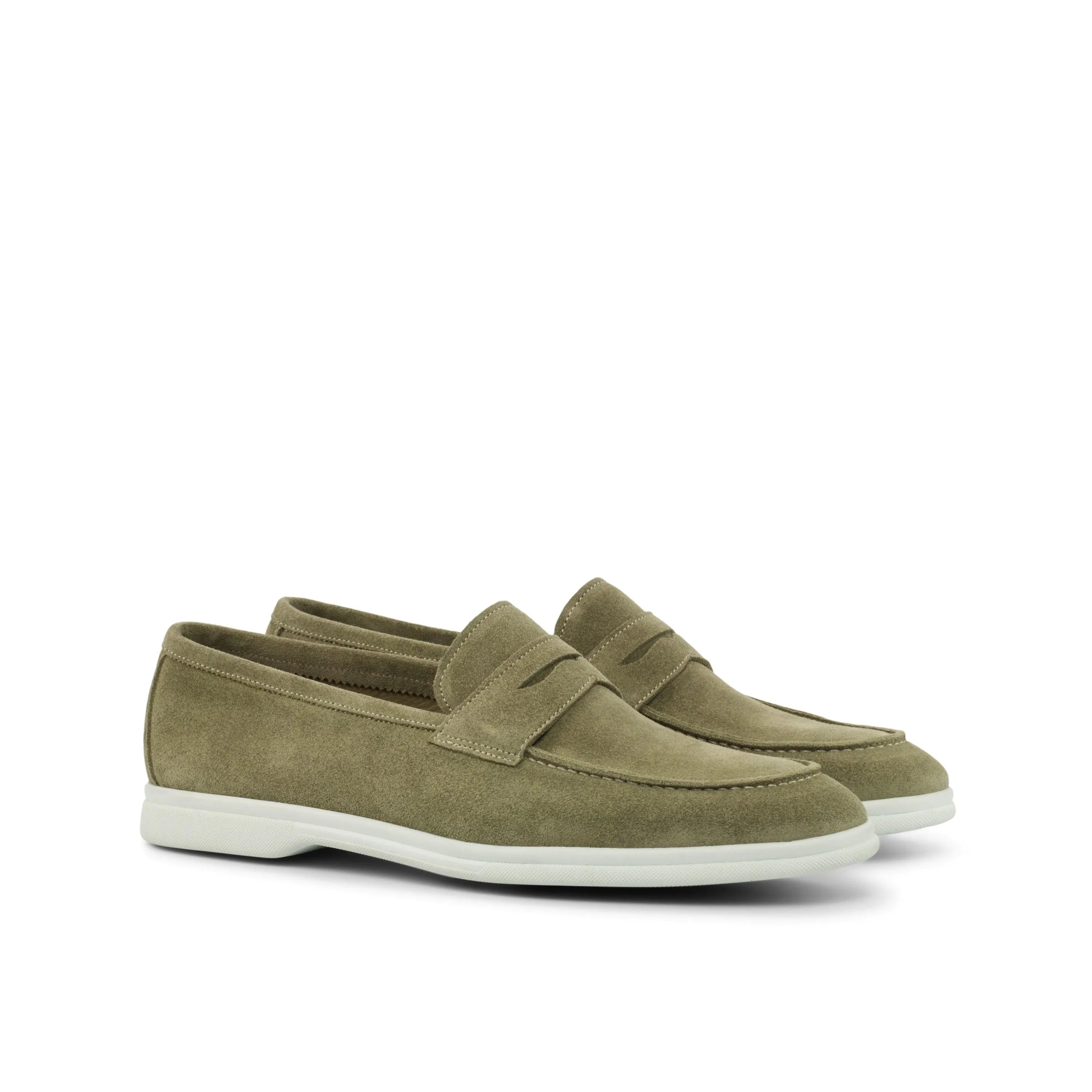 Olive suede penny loafers from Q3 Moc Flex Shoes with calf leather and rubber sole