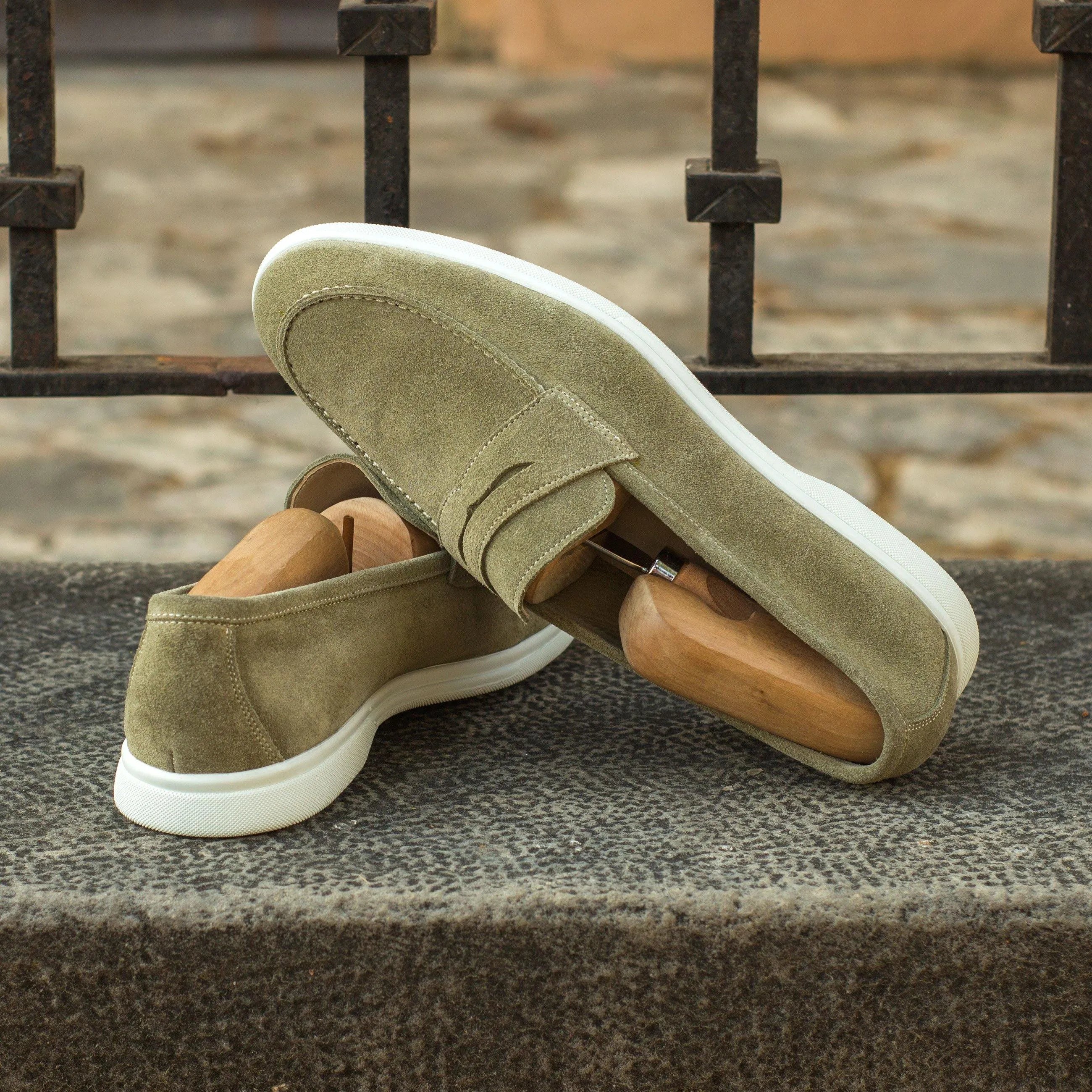 Olive suede penny loafers from Q3 Moc Flex Shoes with calf leather and rubber sole