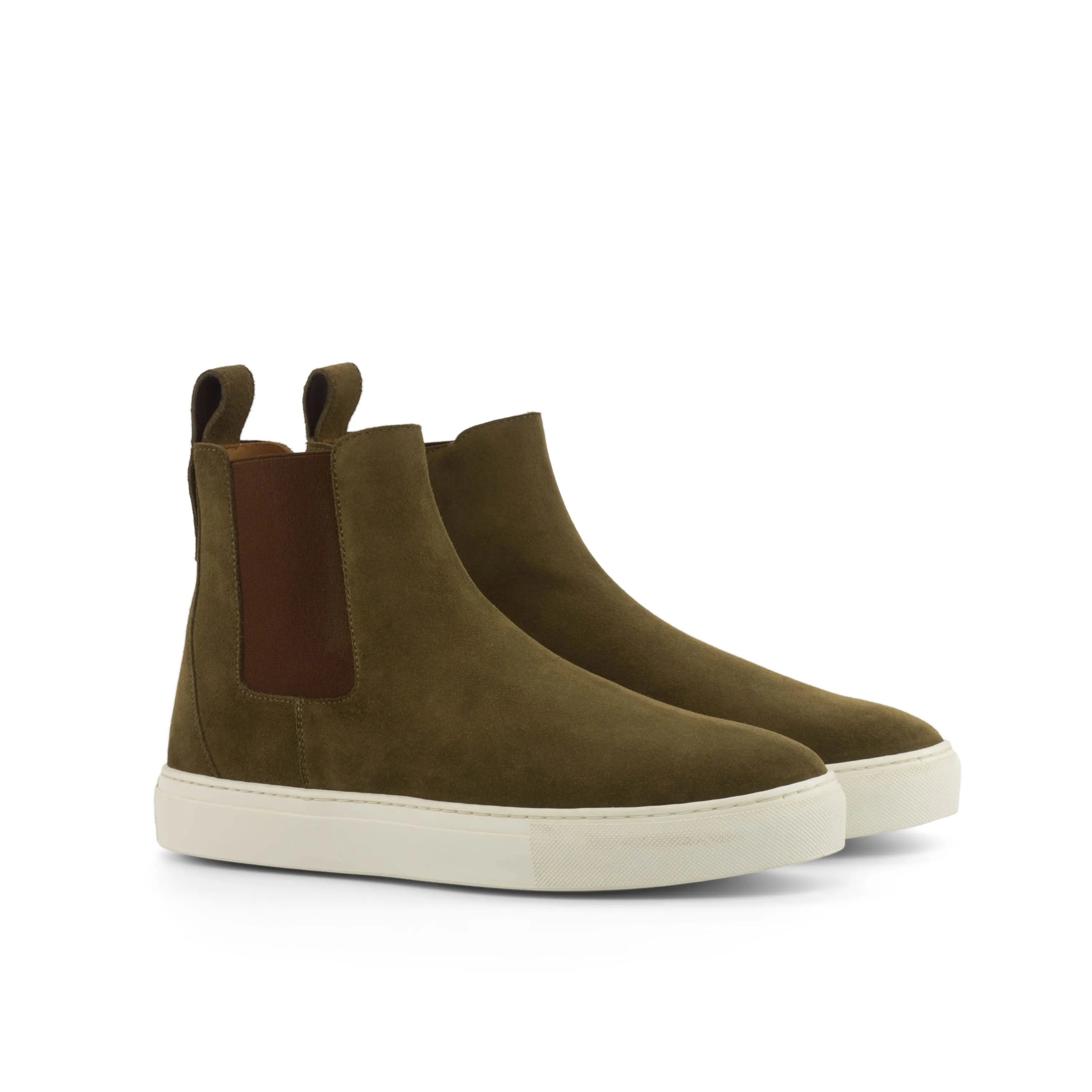 Olive green suede QR02 Chelsea sneaker boots displayed elegantly on a neutral background