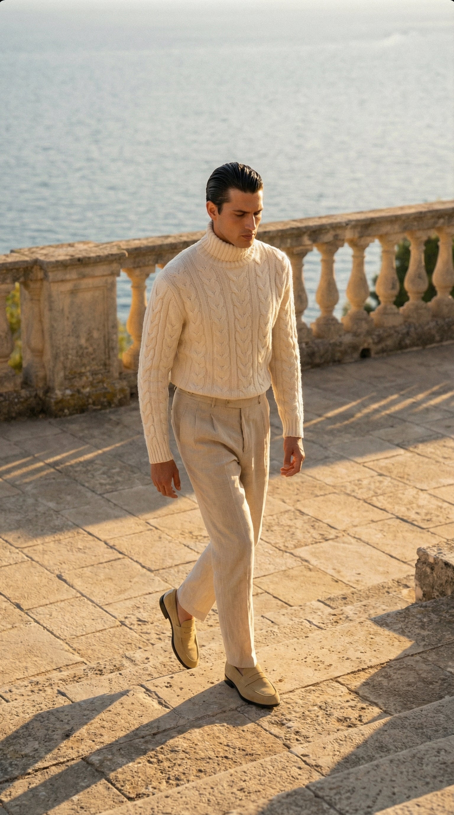 Man walking on a stone path by a body of water wearing a beige sweater and pants.