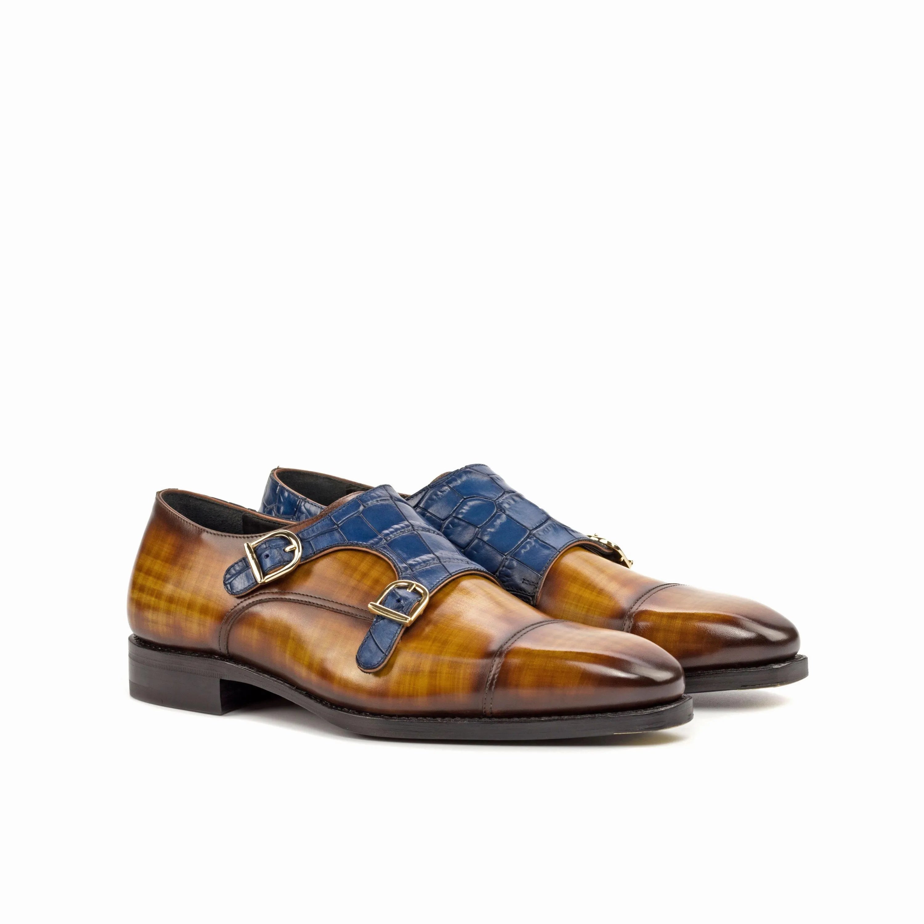 Brown and blue leather Quin Double Monk Patina shoes featuring a stylish double monk design