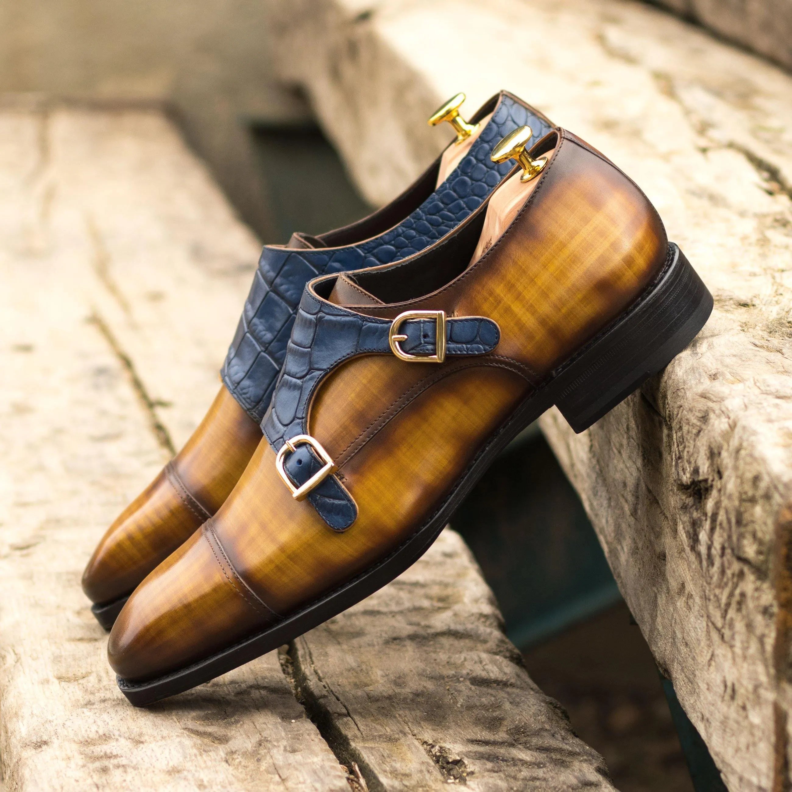Brown and blue leather Quin Double Monk Patina shoes for stylish formal wear