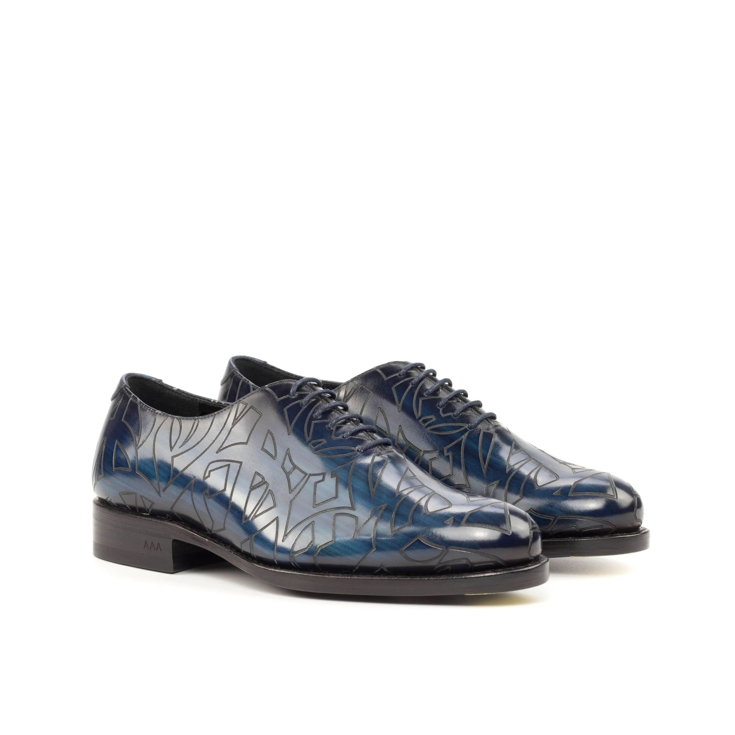 Pair of patterned blue leather Quswa 2 Patina Wholecut Shoes crafted from Italian crust leather