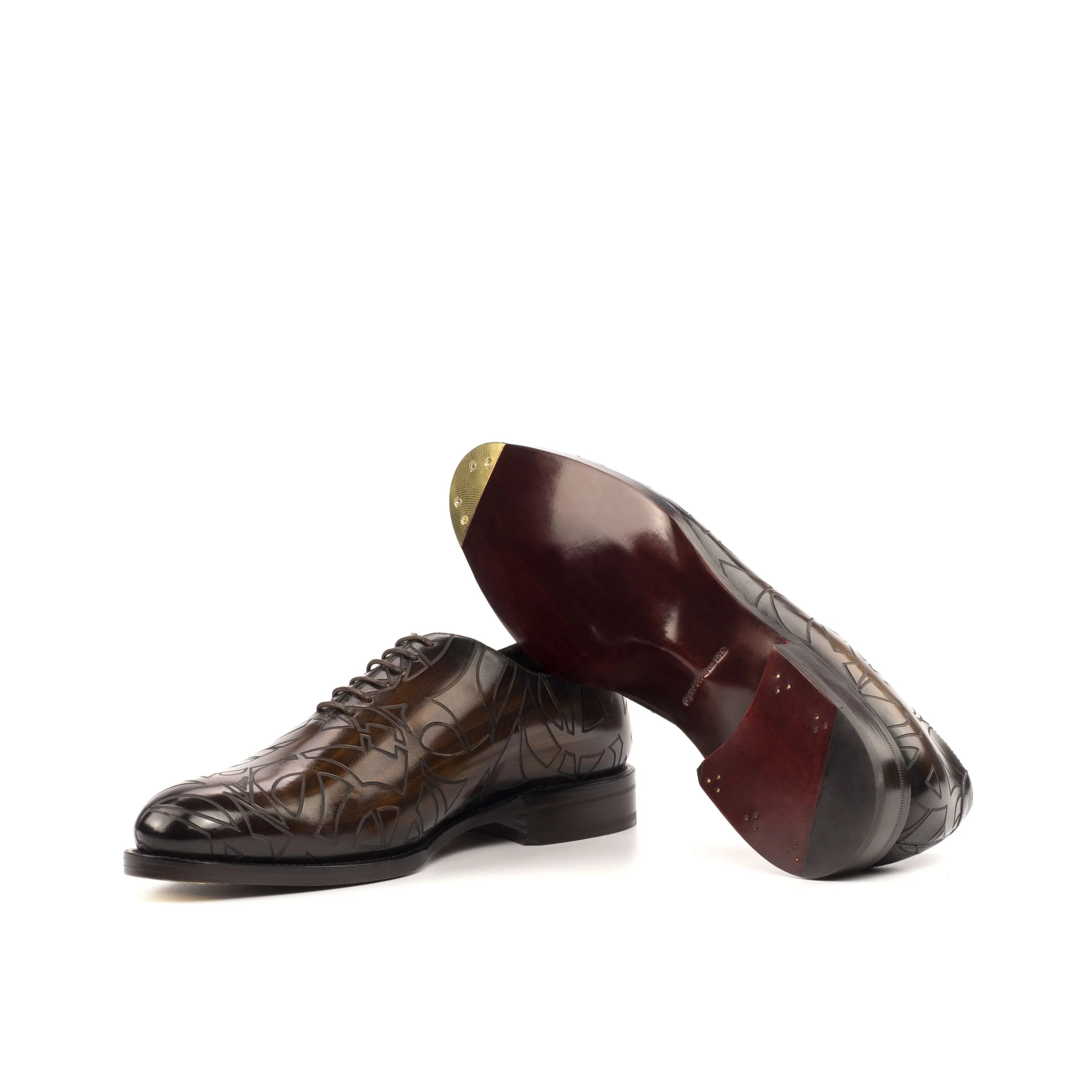 Brown leather Quswa Patina Wholecut Shoes featuring a fiddled waist design