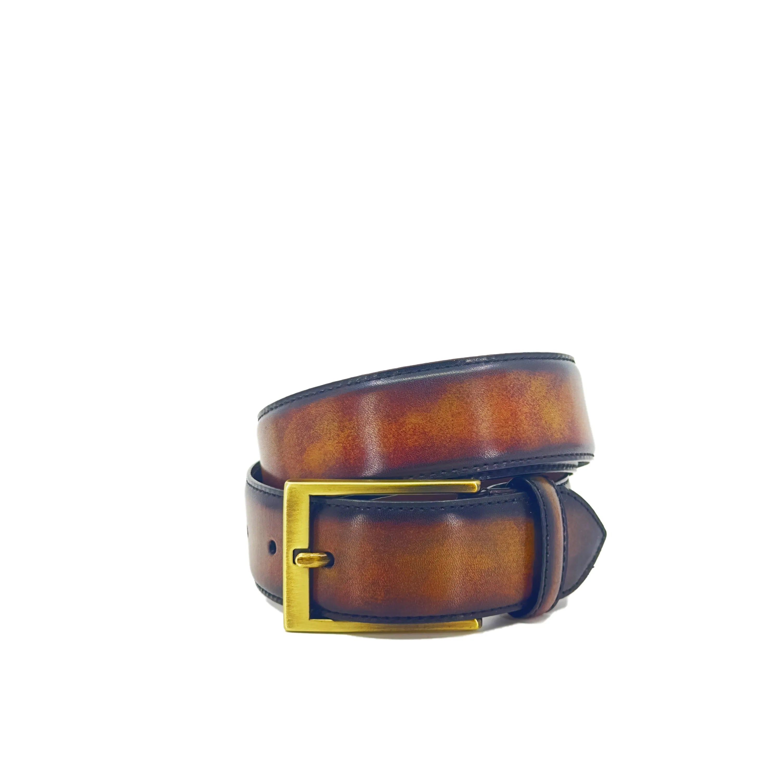 Brown leather Raigon Patina Hamptons Belt featuring a gold buckle for stylish elegance