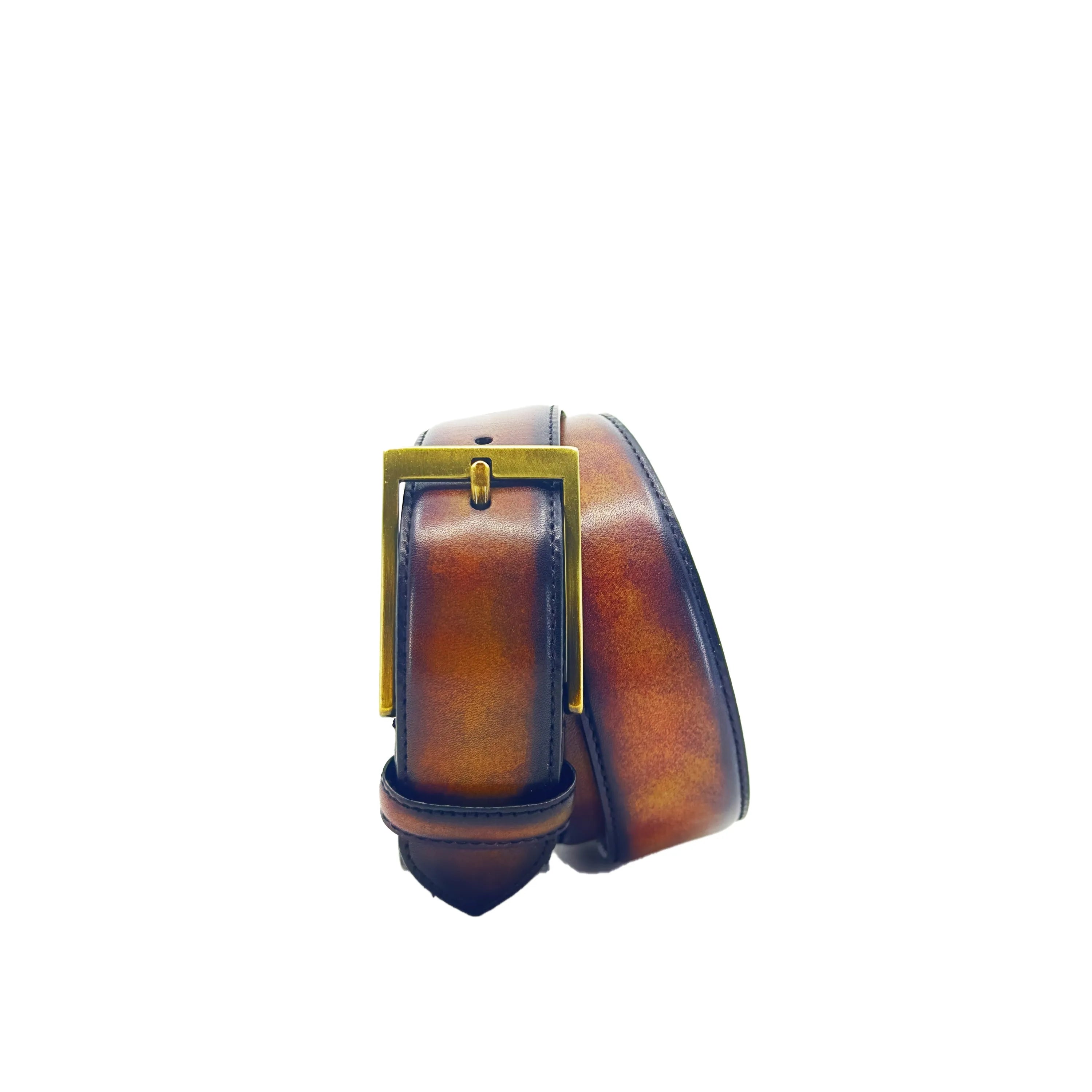 Brown leather Raigon Patina Hamptons Belt featuring a gold buckle for an elegant look