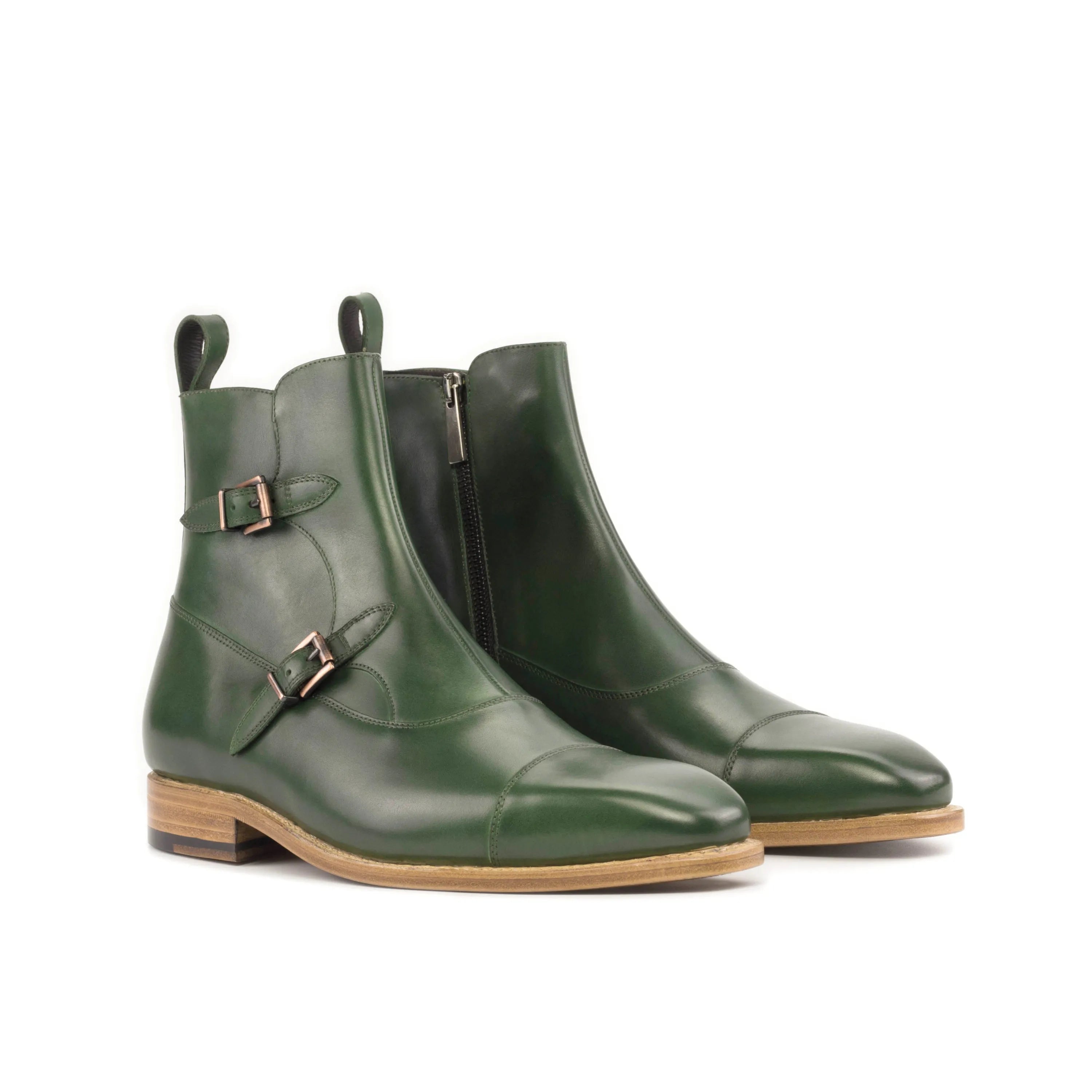 Pair of green leather Ralphie Octavian Boots showcasing stylish footwear design