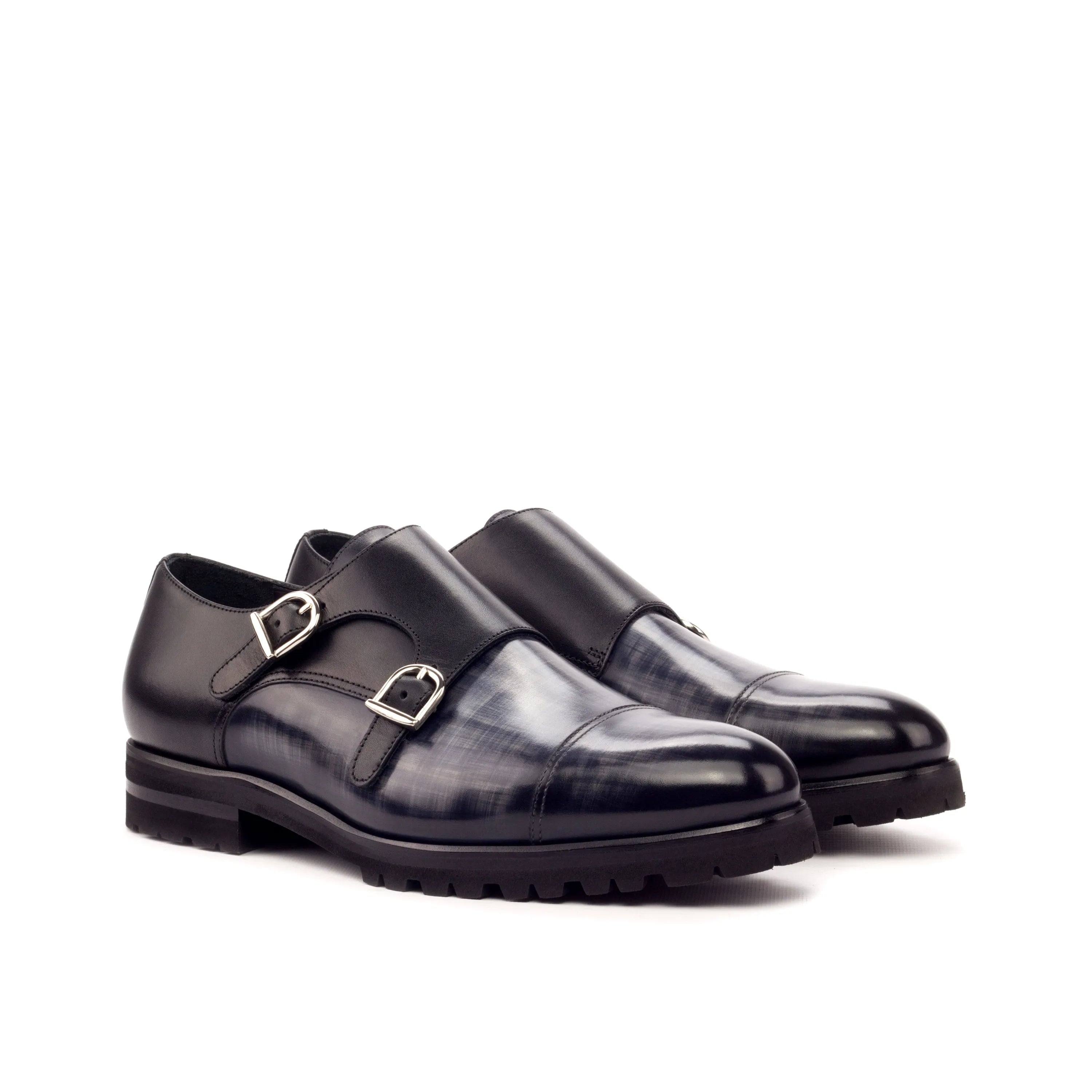 Black leather Ramses Double Monk Patina shoes showcasing elegant double monk strap design
