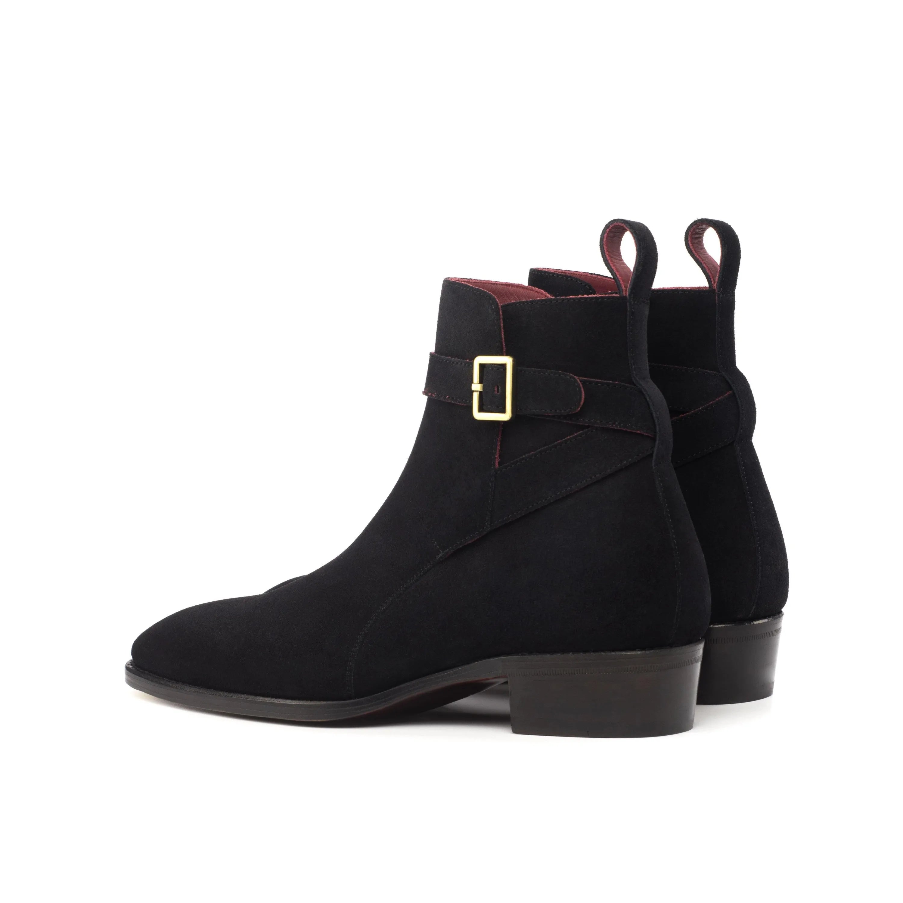 Black suede Randy Jodhpur Boots featuring a stylish gold buckle detail