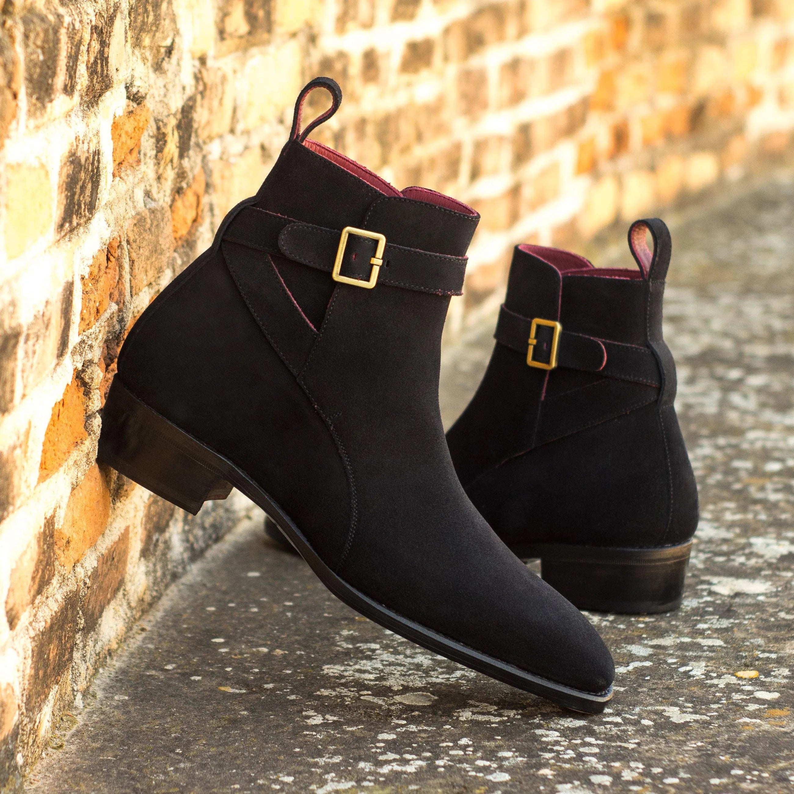 Black suede Randy Jodhpur Boots featuring elegant gold buckles for a stylish look