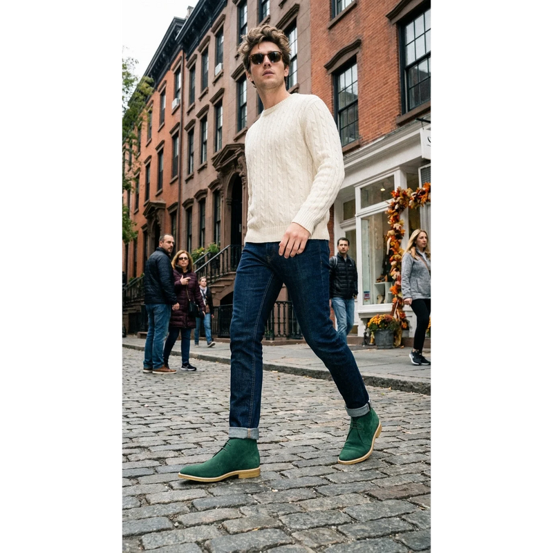 Rapa Chukka Boots: Cream V-Neck Sweater with Forest Kid Suede and Unique Height