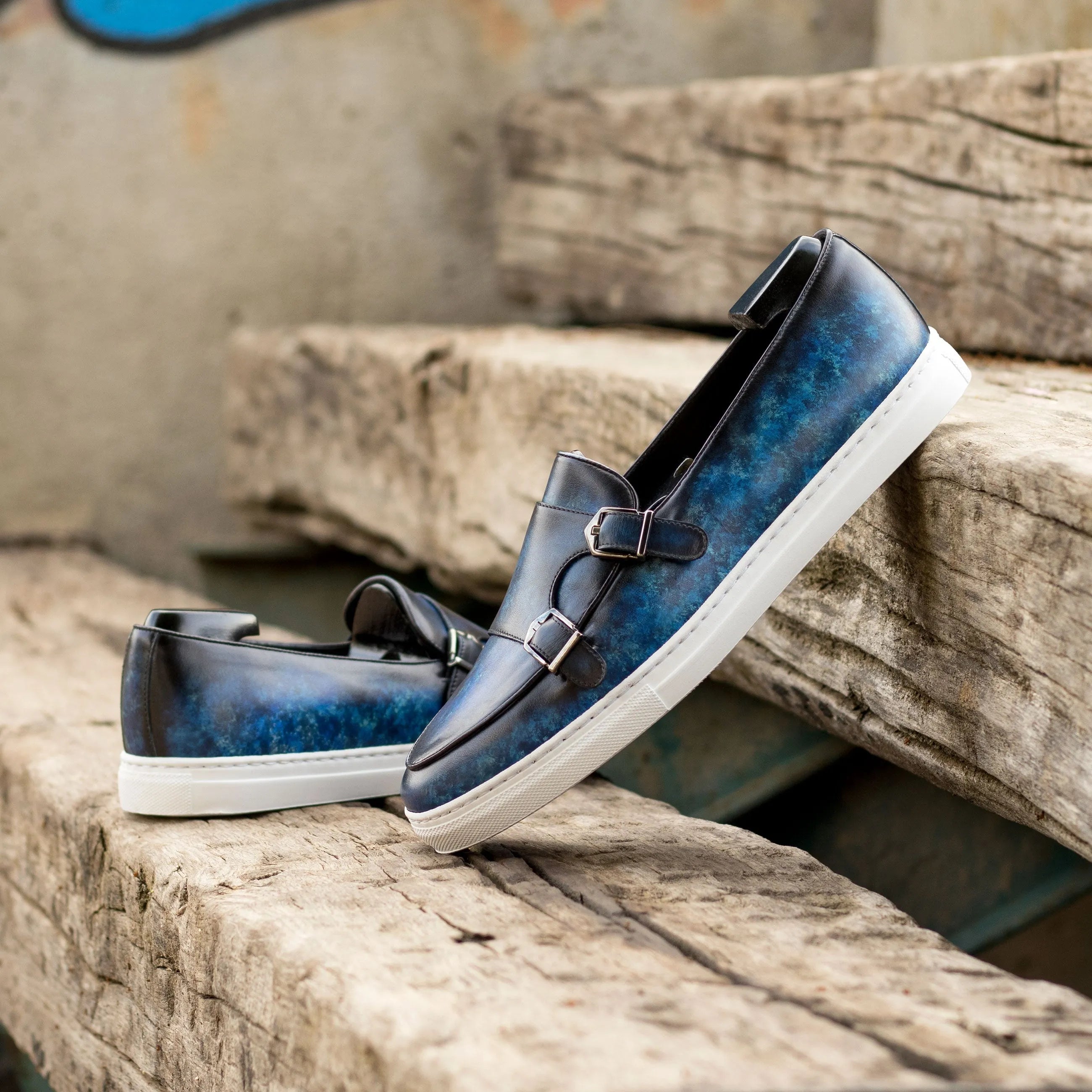 Blue leather double monk strap sneakers, Realcarlo Patina Monk sneaker for stylish elegance