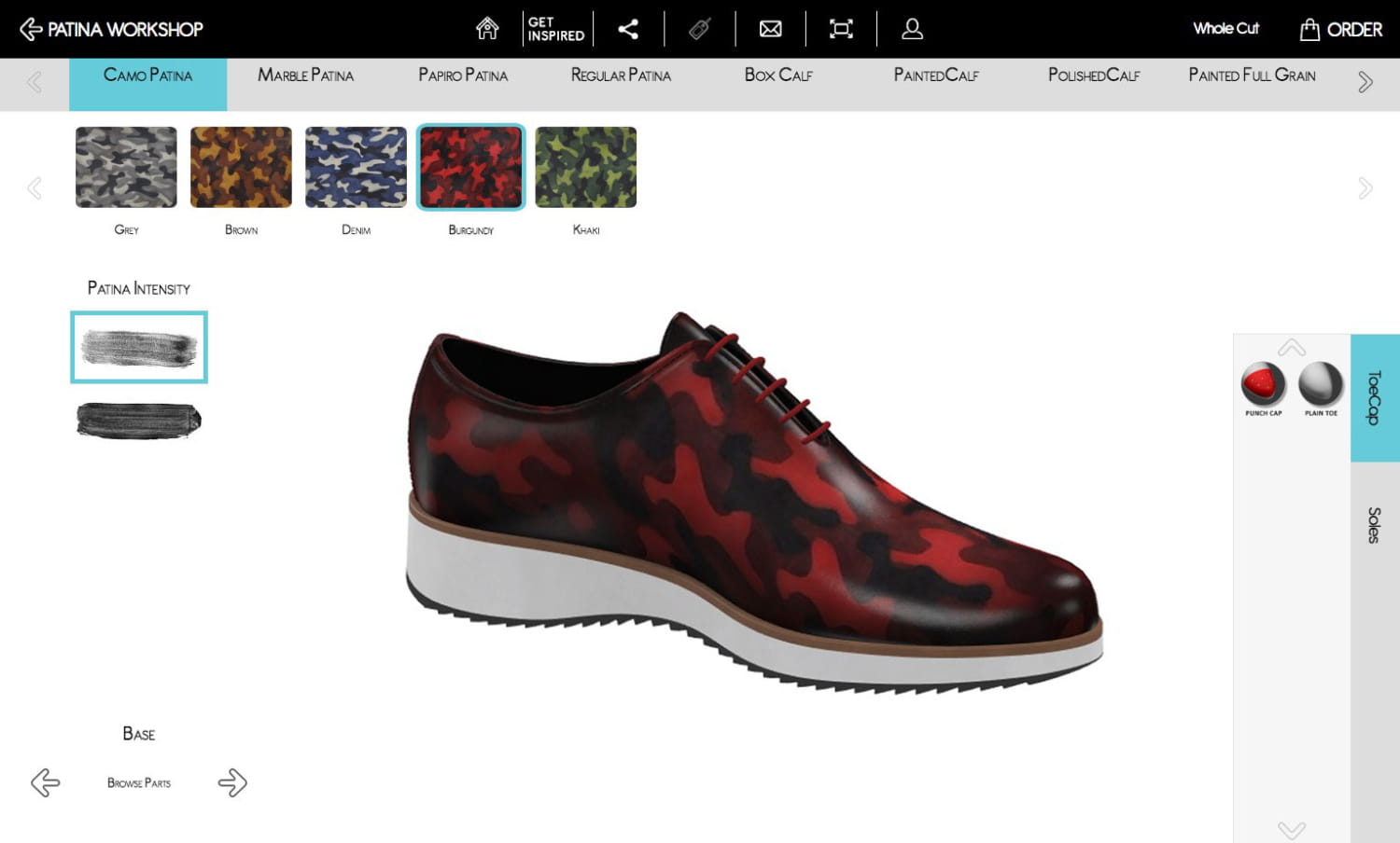 Red and black camouflage dress shoe showcasing innovative camouflage patina finishings.
