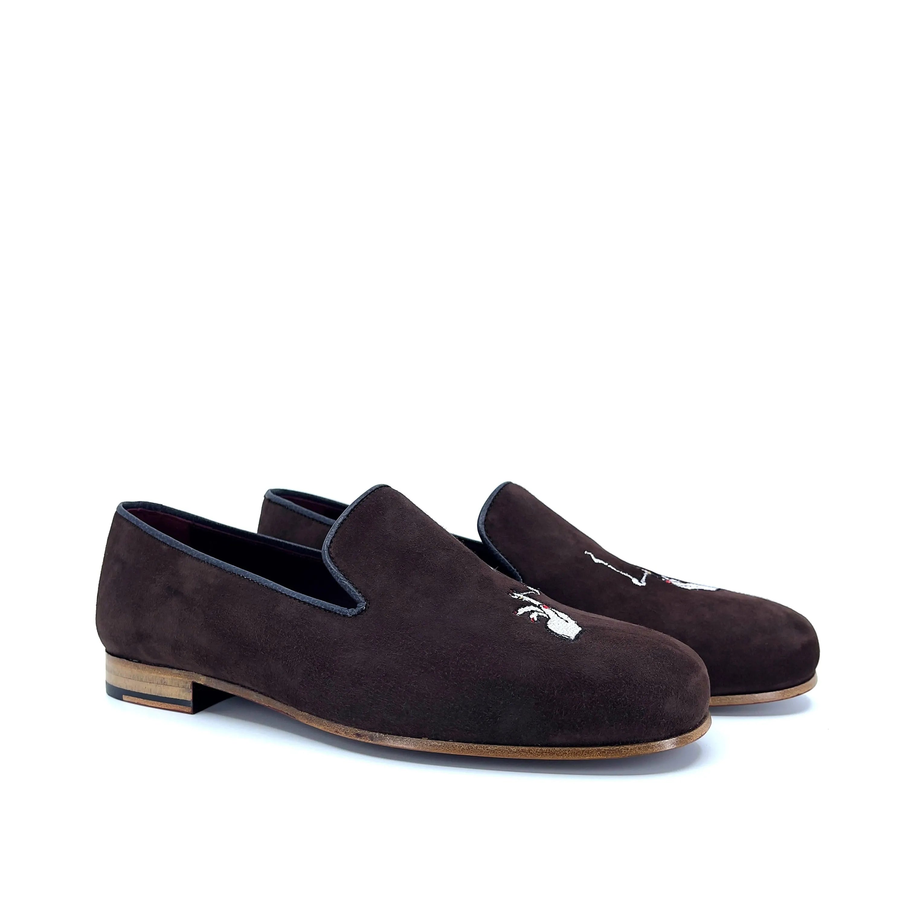 Brown suede Redd Wellington slipon loafers with white embroidery detail