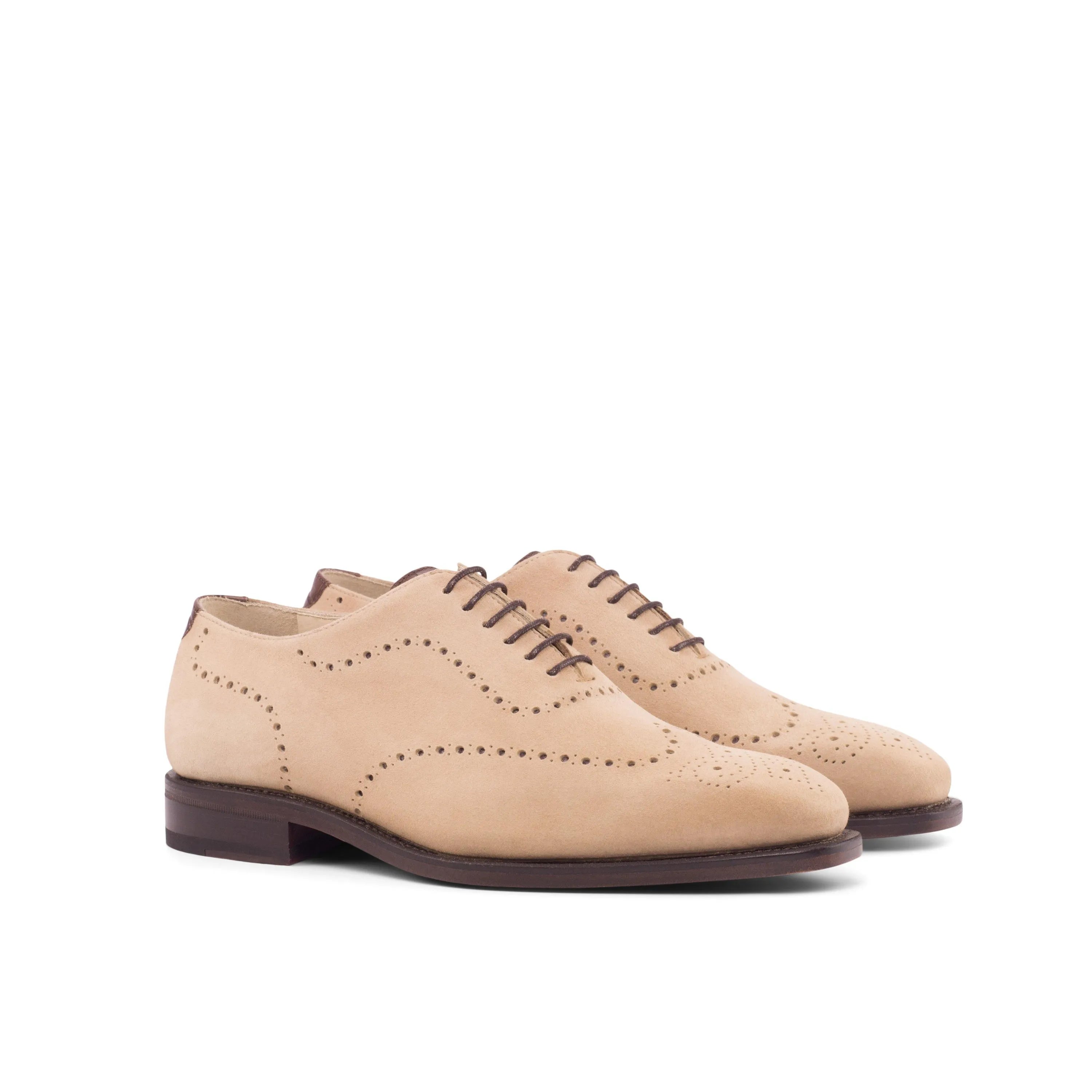 Beige leather wingtip dress shoes from Remod Wholecut, luxury bespoke shoes for men