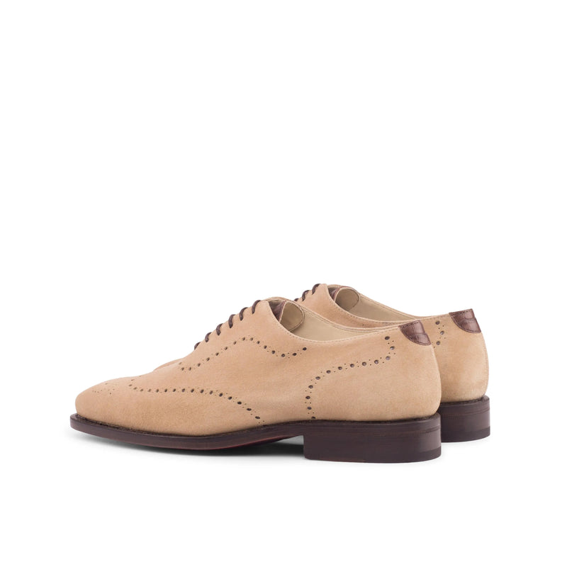 Beige suede wingtip dress shoes, Remod Wholecut luxury bespoke shoes for men