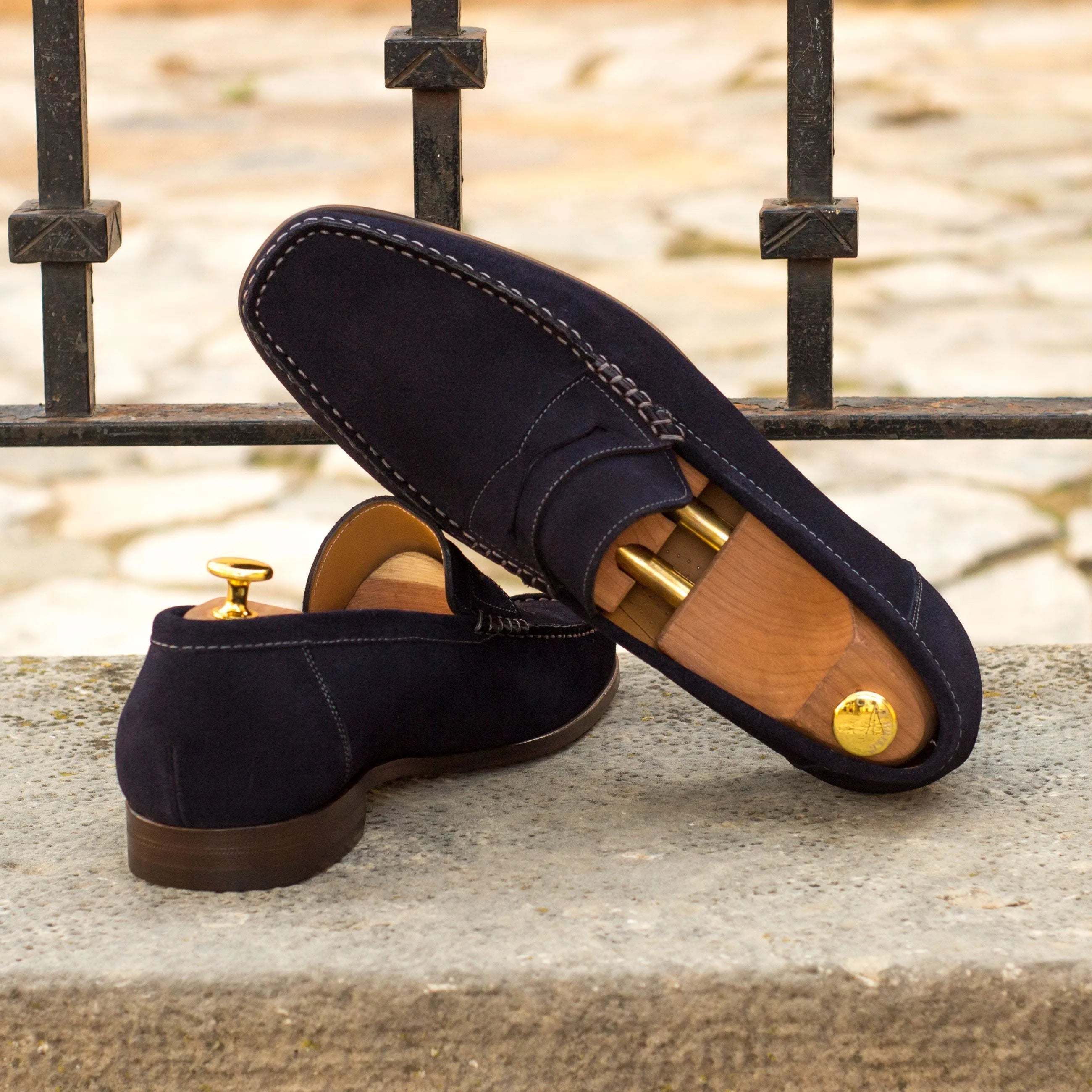Navy suede Reverie Moccasin loafers with shoe trees, ideal luxury bespoke shoes for men