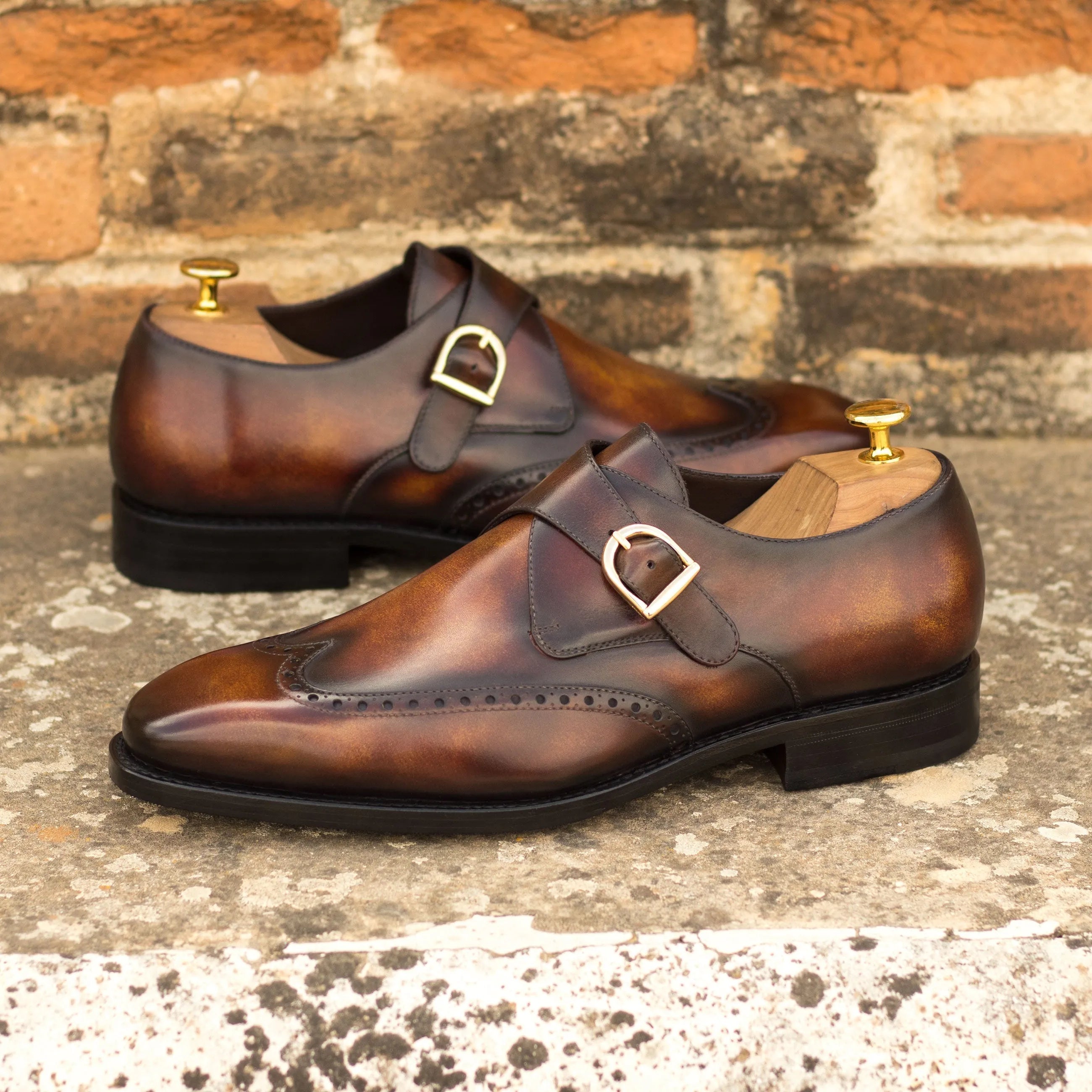 Brown leather Rinos Single Monk Patina Shoes featuring a stylish monk strap design