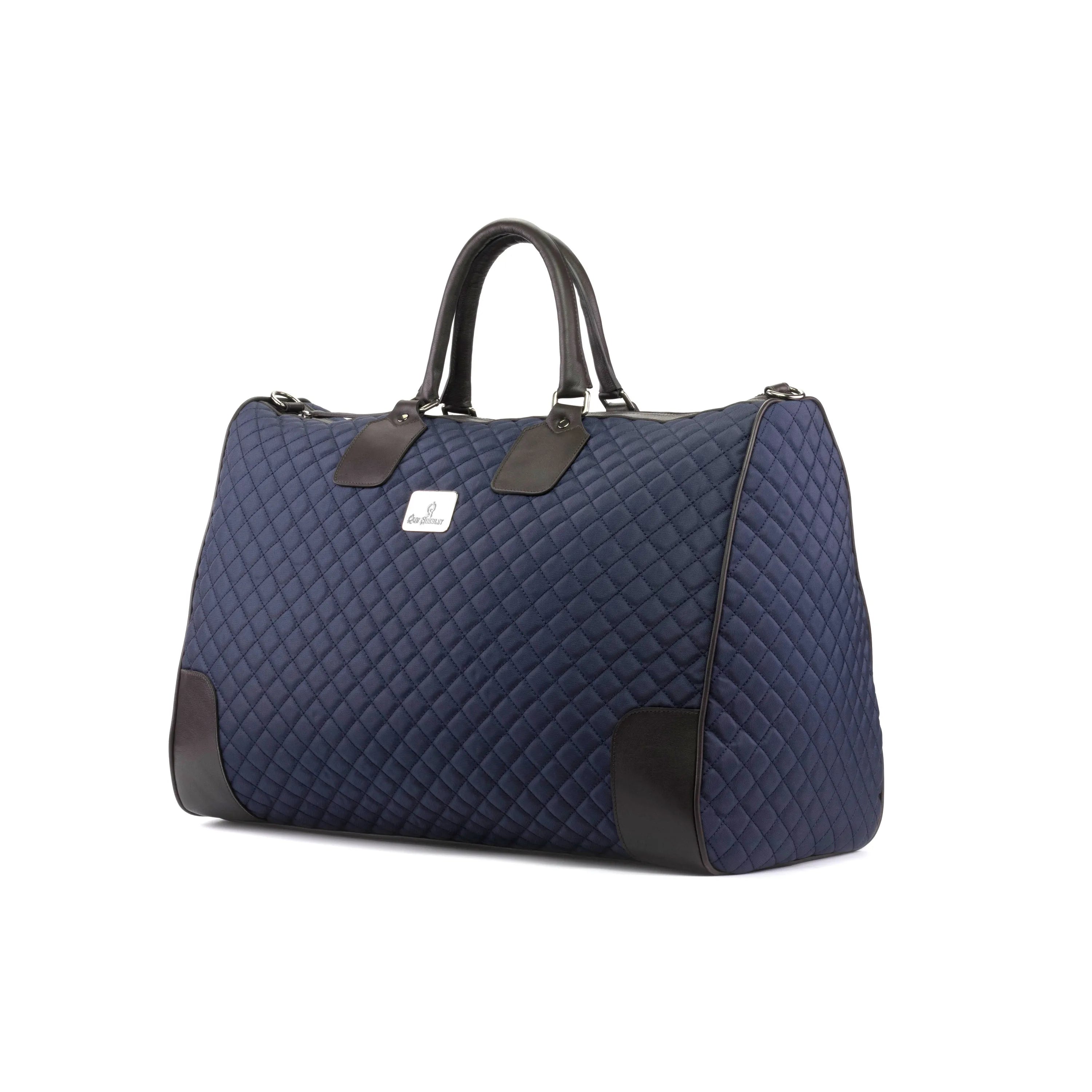 Quilted navy weekender bag with brown leather accents, Roma Weekender Bag