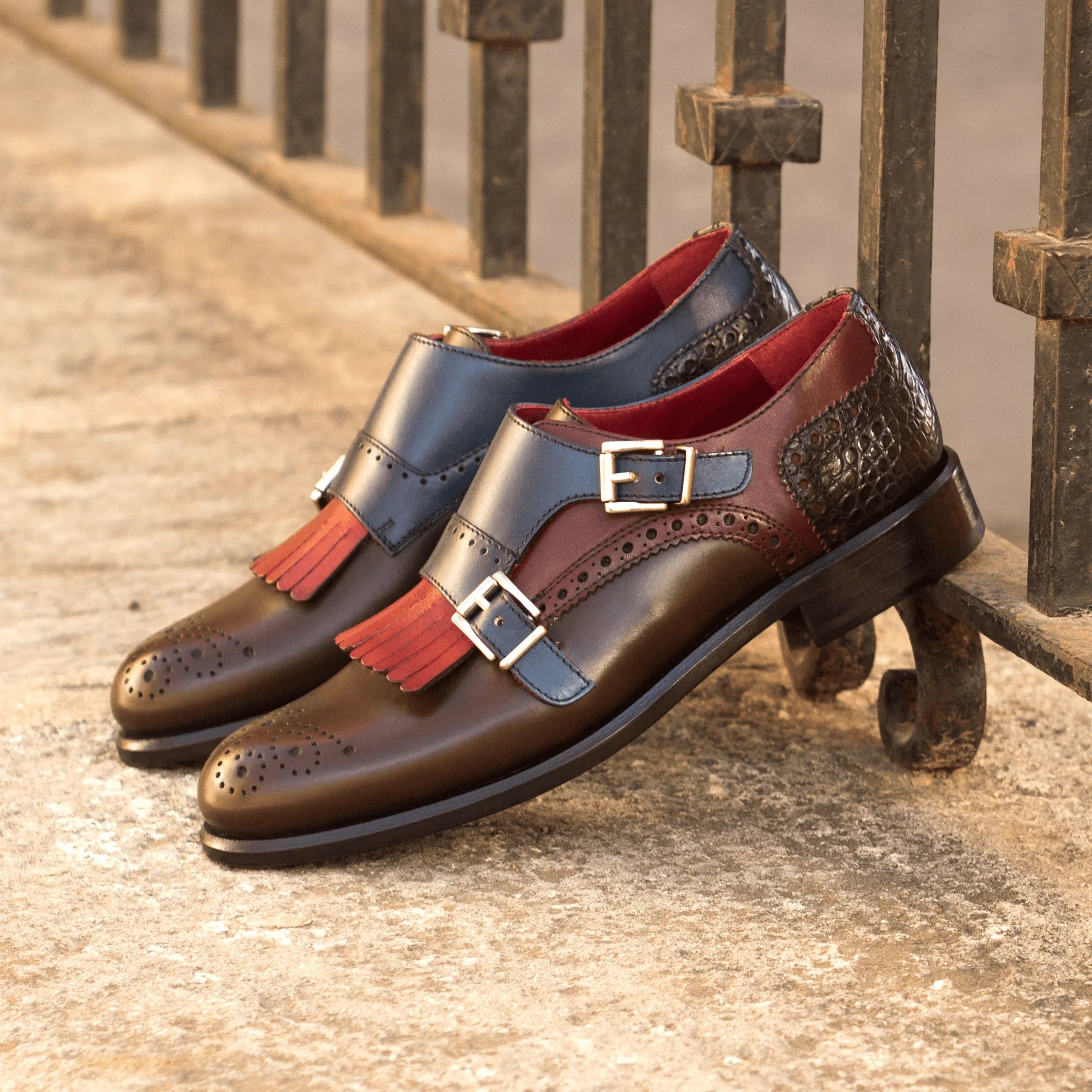 Two-toned leather monk strap shoes from Rosa Kiltie unisex Monk in painted calf finish