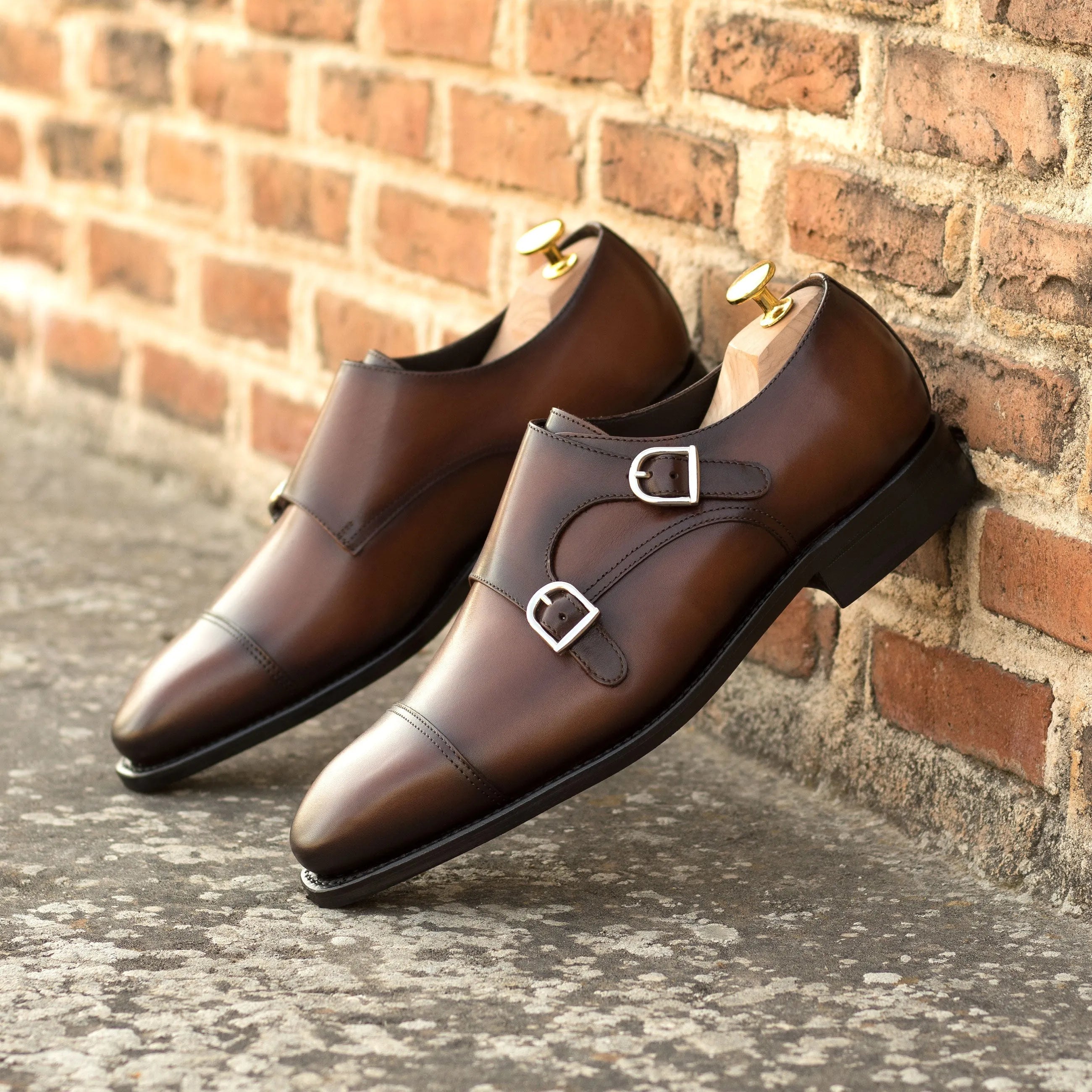 Brown leather double monk strap shoes in Rosirto Double Monk II style