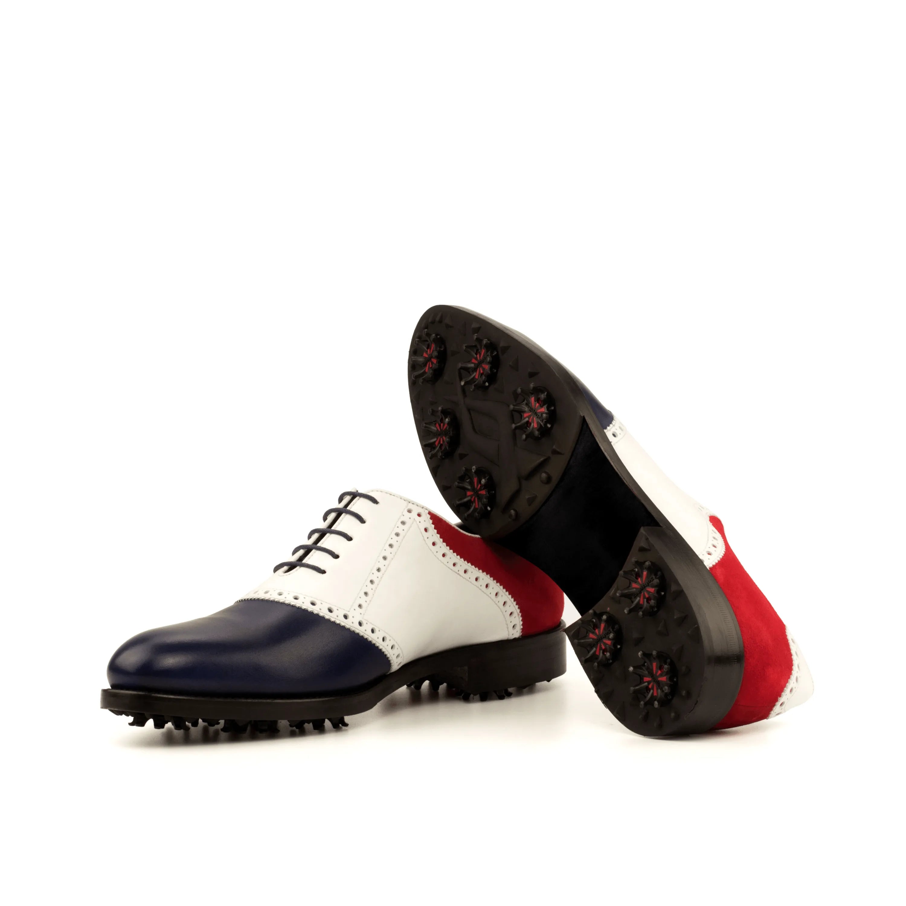 Tricolored Rotimi Saddle Golf Shoes II with spikes featuring a rounded toe design