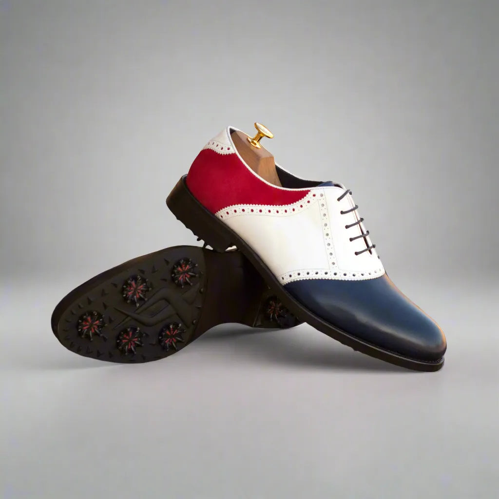 Tricolored Rotimi Saddle Golf Shoes showcasing stylish Oxford design for golfers
