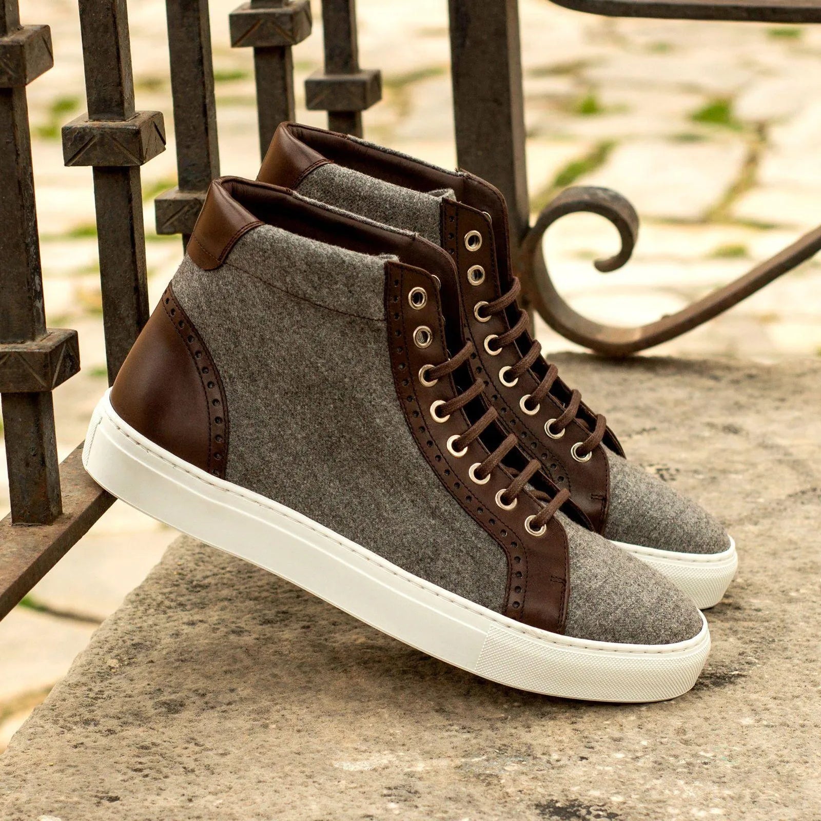 Gray and brown RQ72 High Kicks Sneakers II showcasing stylish high-top design