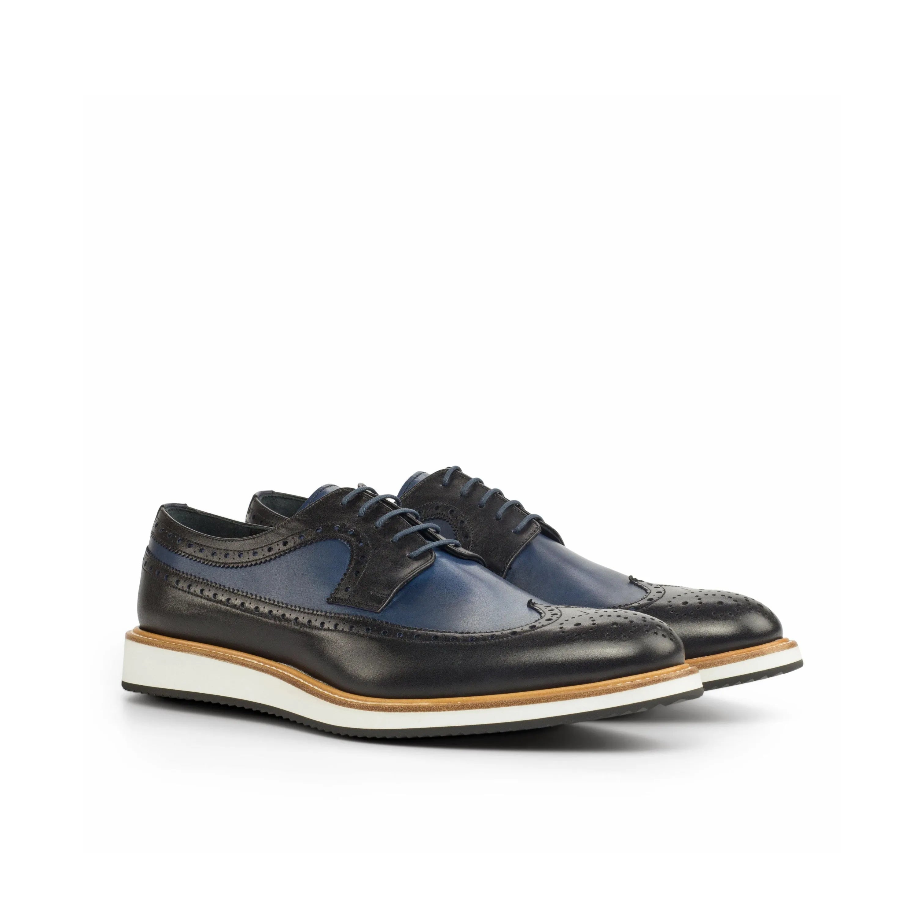 Two-tone leather wingtip dress shoes, RR13 Longwing Blucher, showcasing elegant craftsmanship