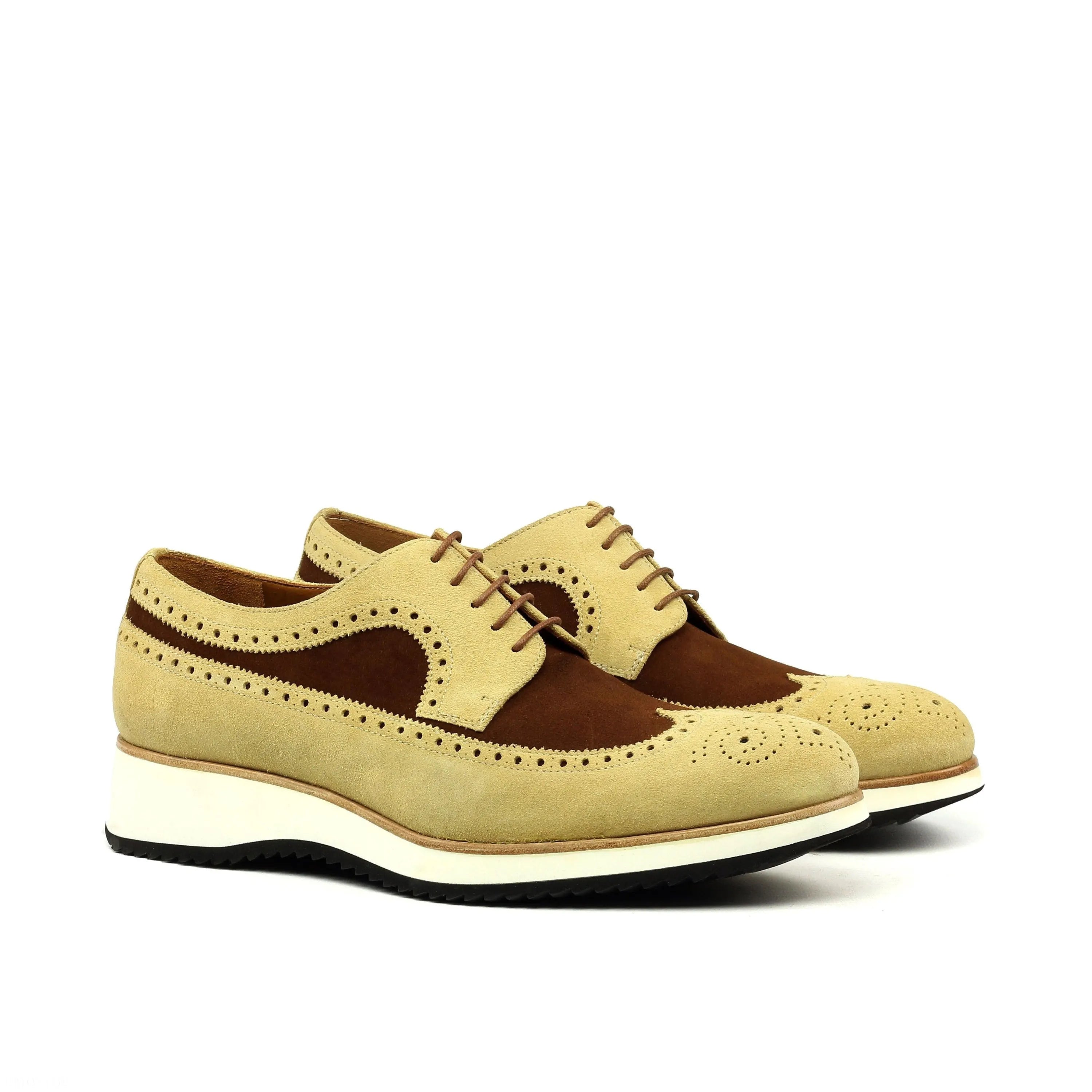 Two-tone leather wingtip shoes, Rudi Longwing Blucher II in tan lux suede