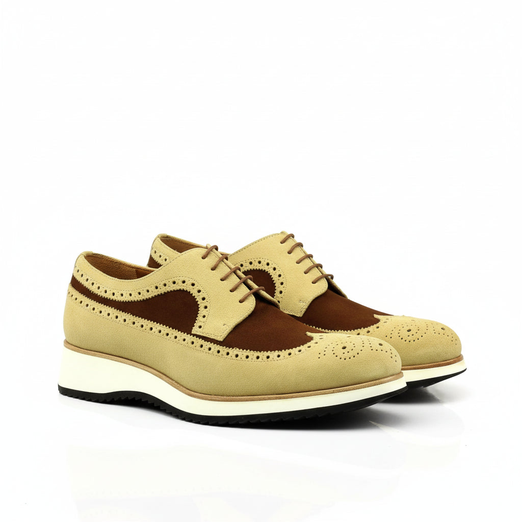 Two-tone leather wingtip shoes, Rudi Longwing Blucher in brown lux suede