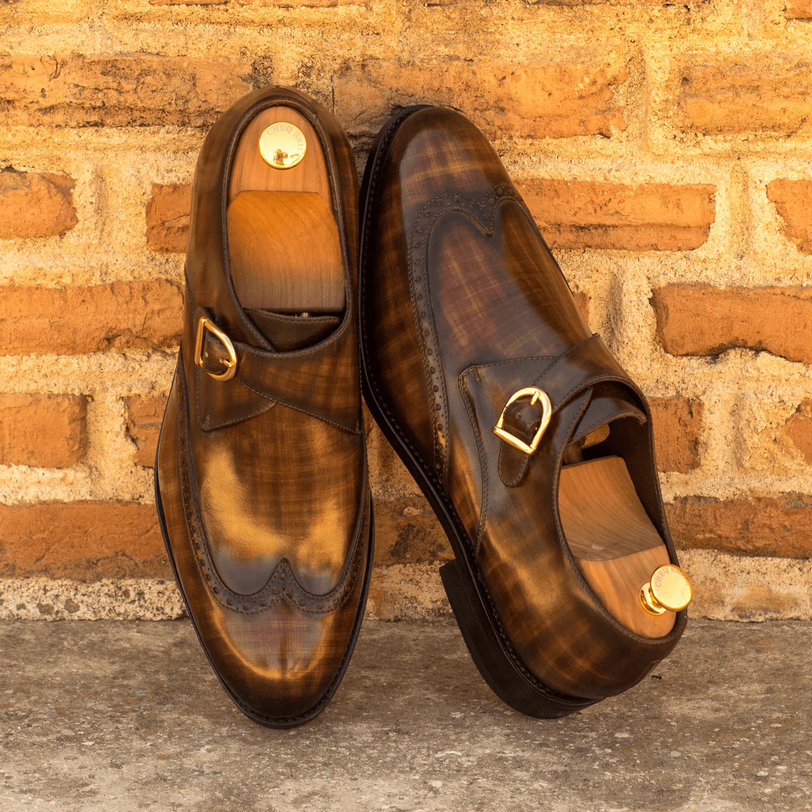Brown leather Rufus Patina Single Monk II shoes with a rounded toe design