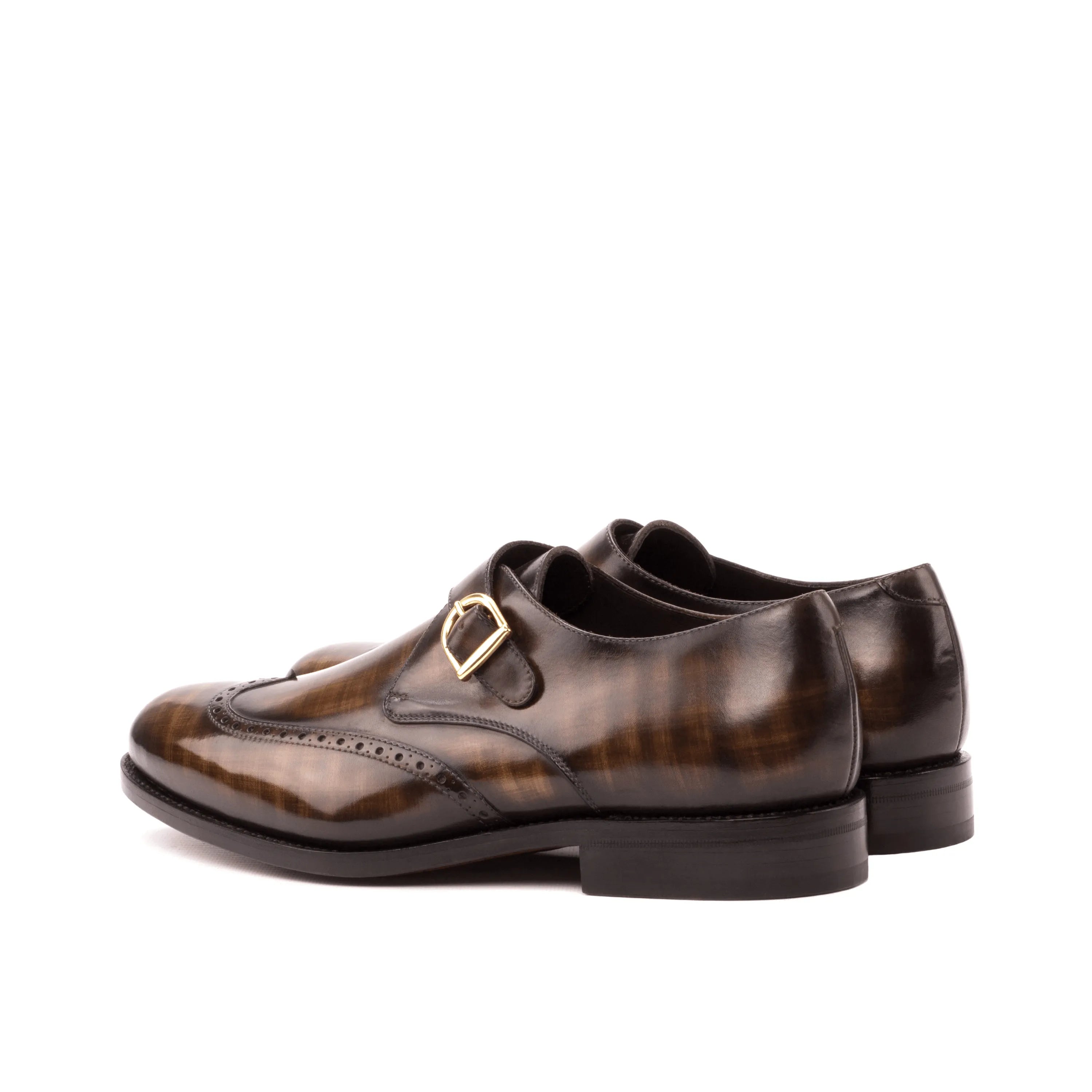 Pair of brown leather Rufus Patina Single Monk II shoes with rounded toe design