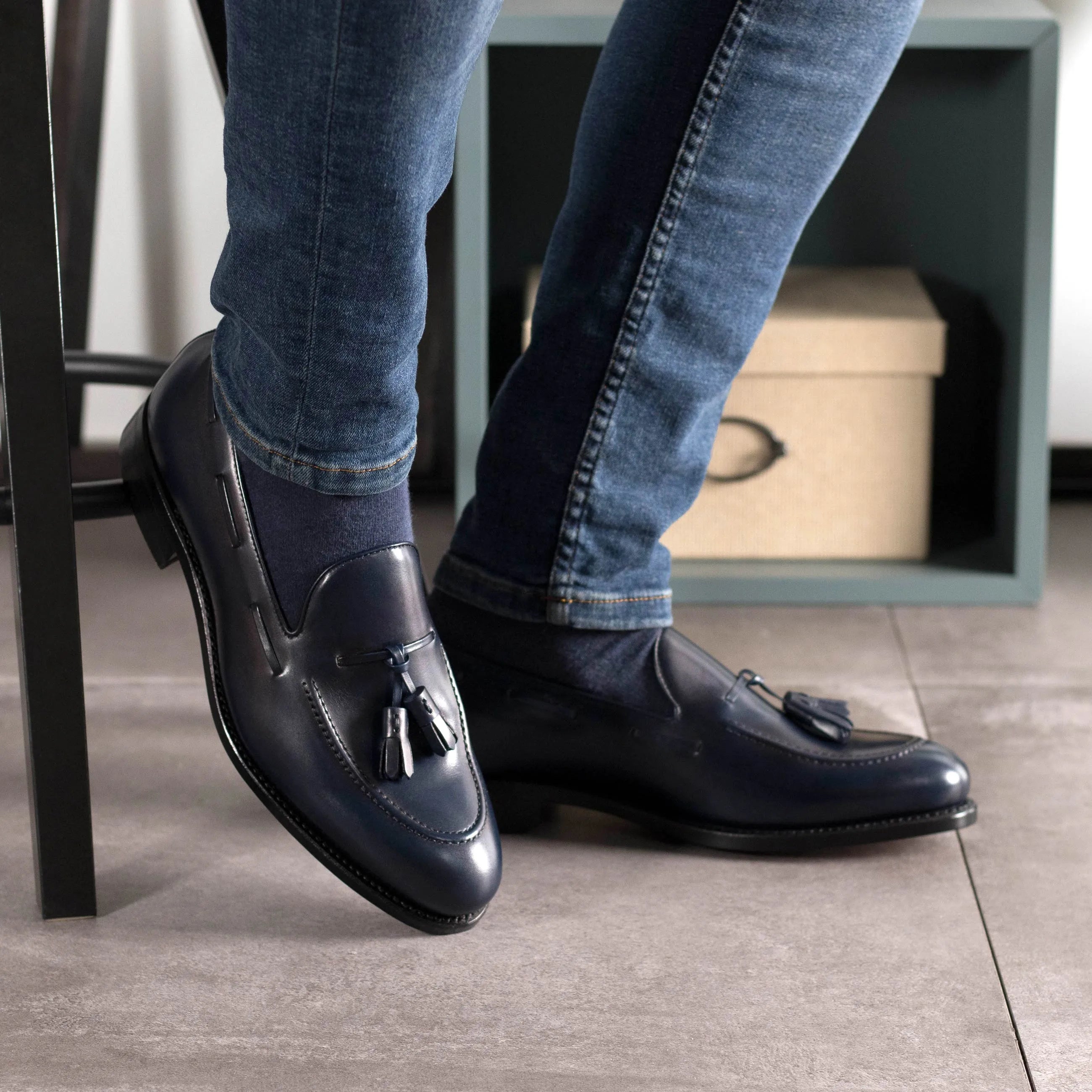 Blue leather tassel loafers from Sable Loafers, perfect for fast lane business days
