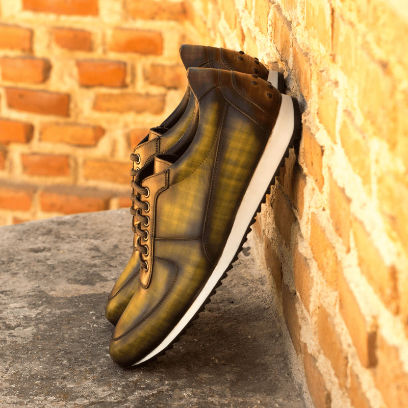 Olive green leather sneakers from Sahak Corsini Patina for stylish casual wear