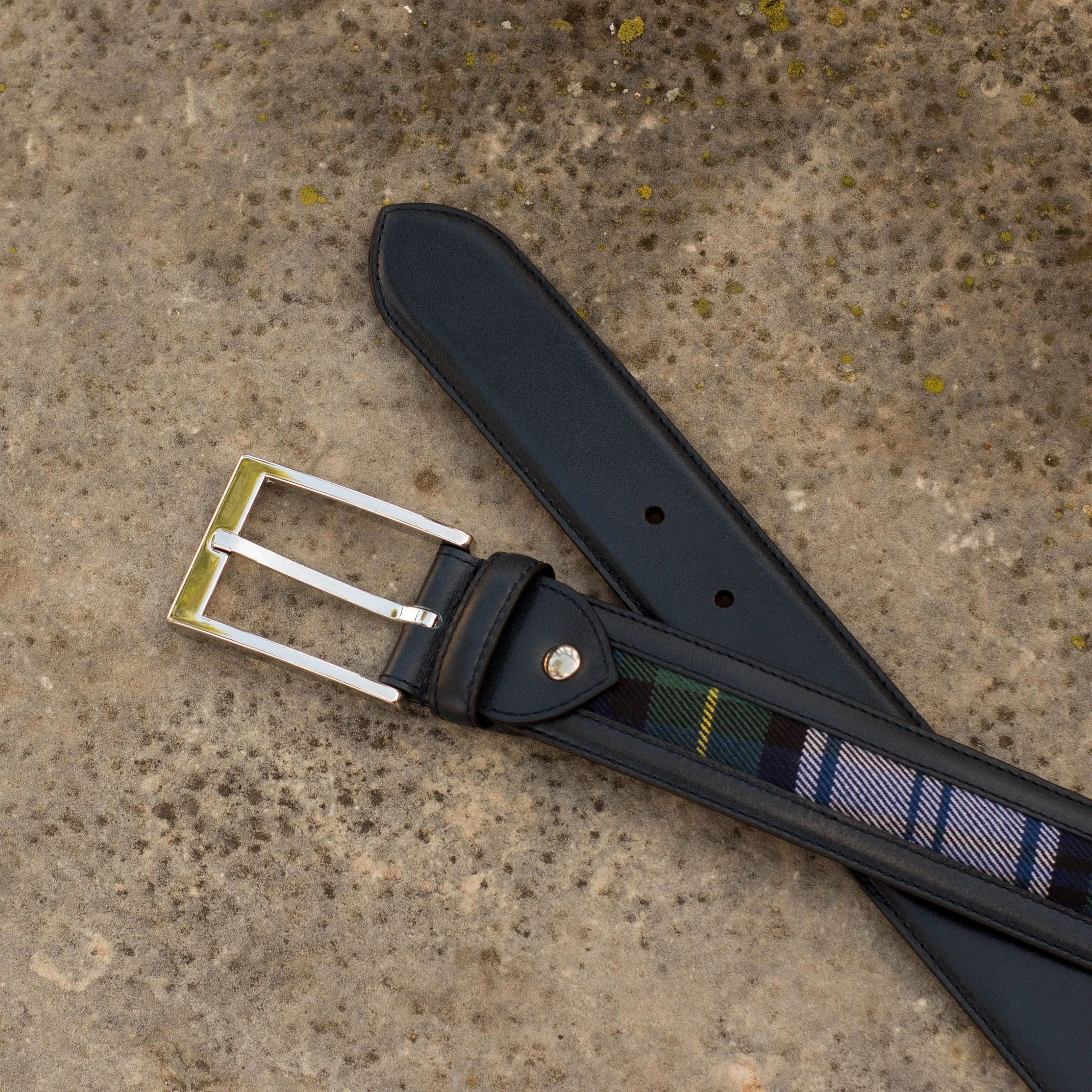 Leather and tartan Sahnish Venice Belt showcasing unique style and craftsmanship