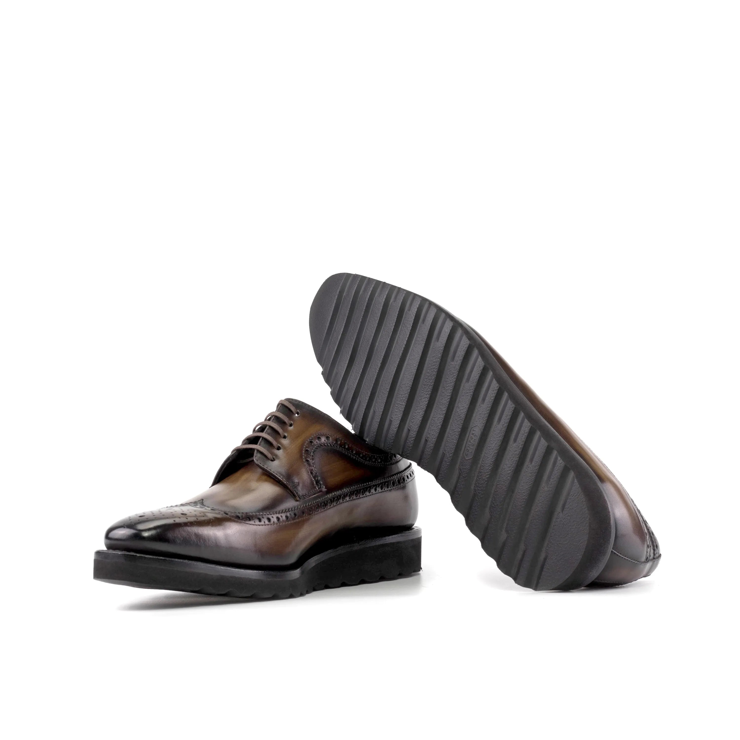 Brown leather Saif Patina Longwing Blucher shoes showcasing elegant craftsmanship