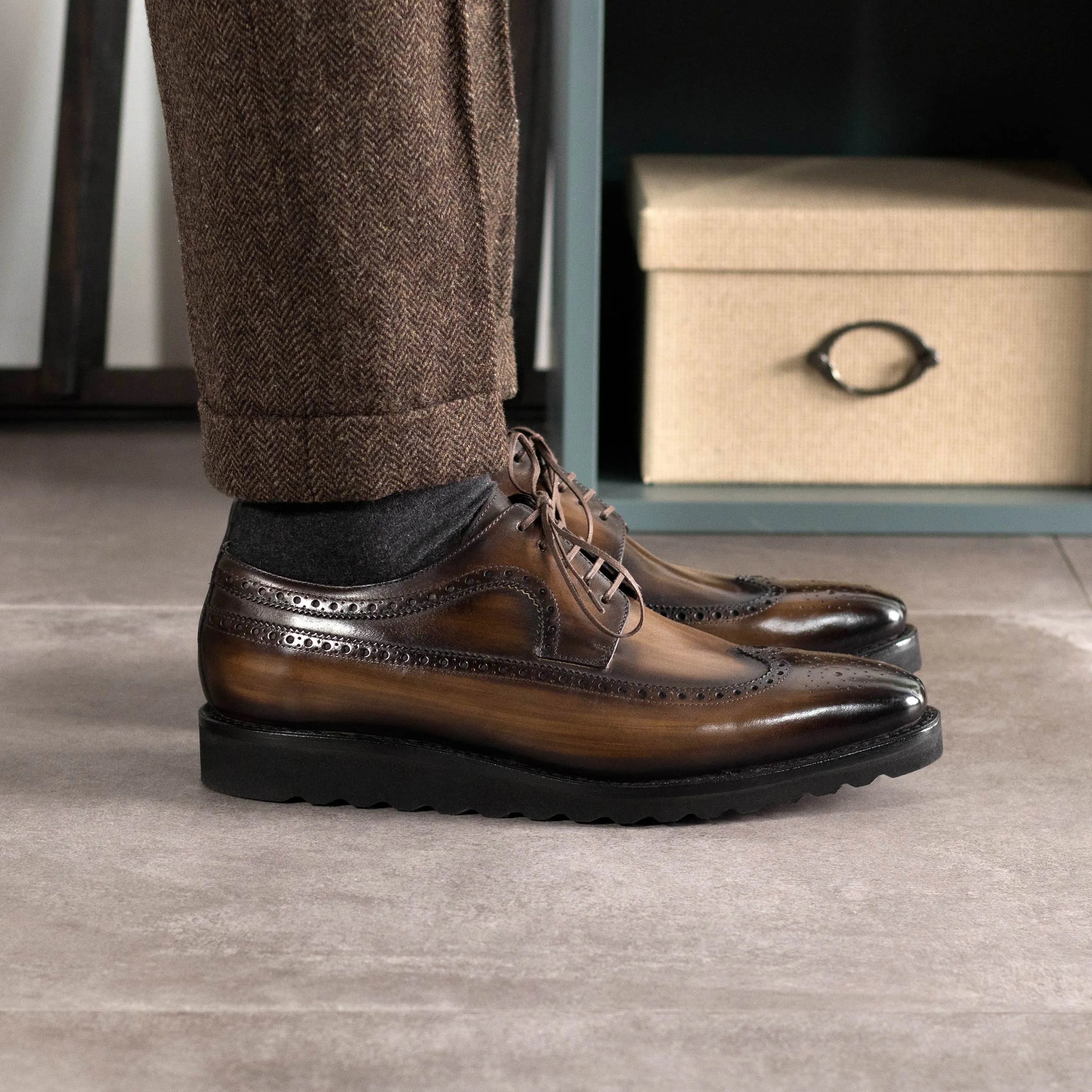 Brown leather wingtip dress shoes, Saif Patina Longwing Blucher shoes II for elegant style