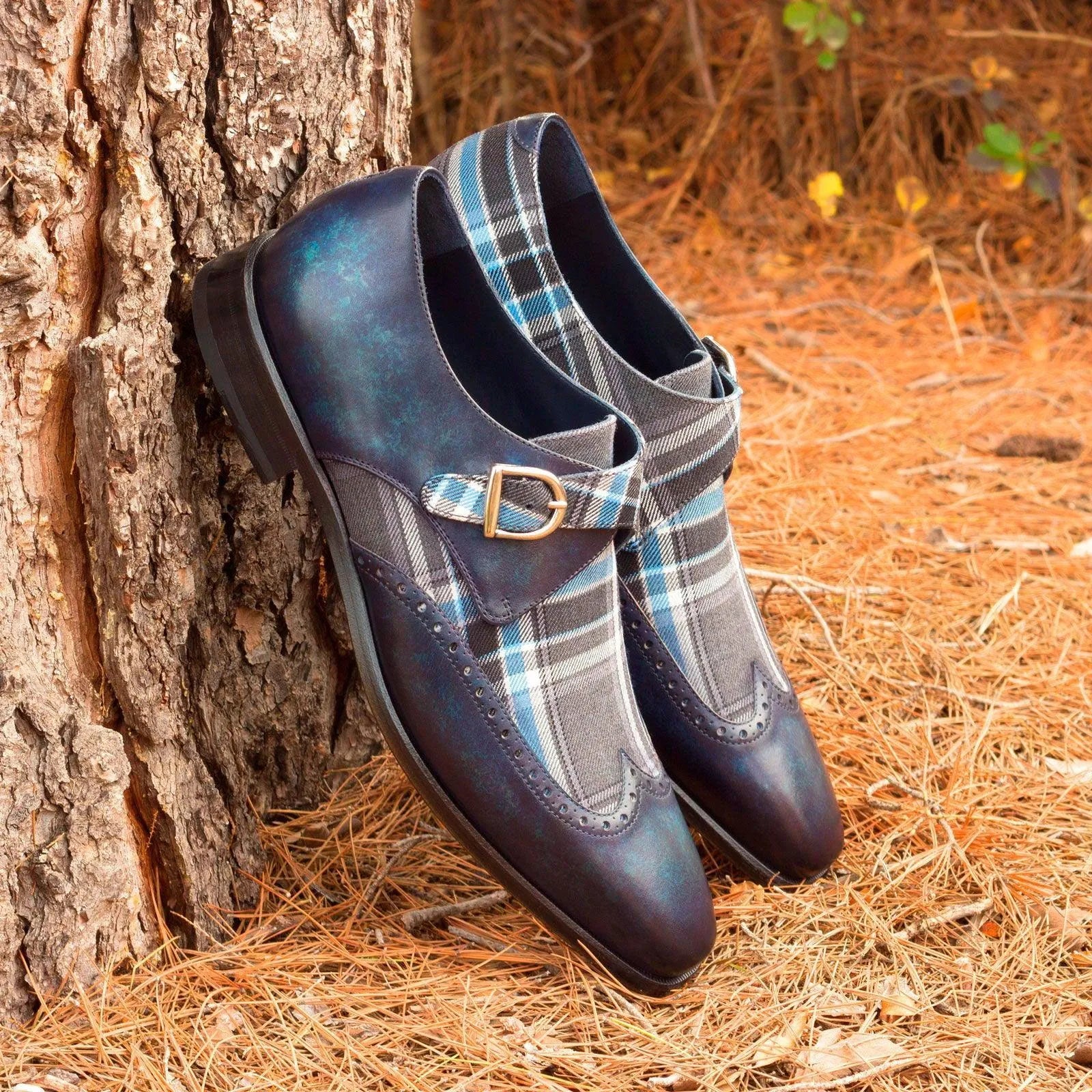 Blue leather and plaid buckled shoes from Salute Single Monk Patina II collection