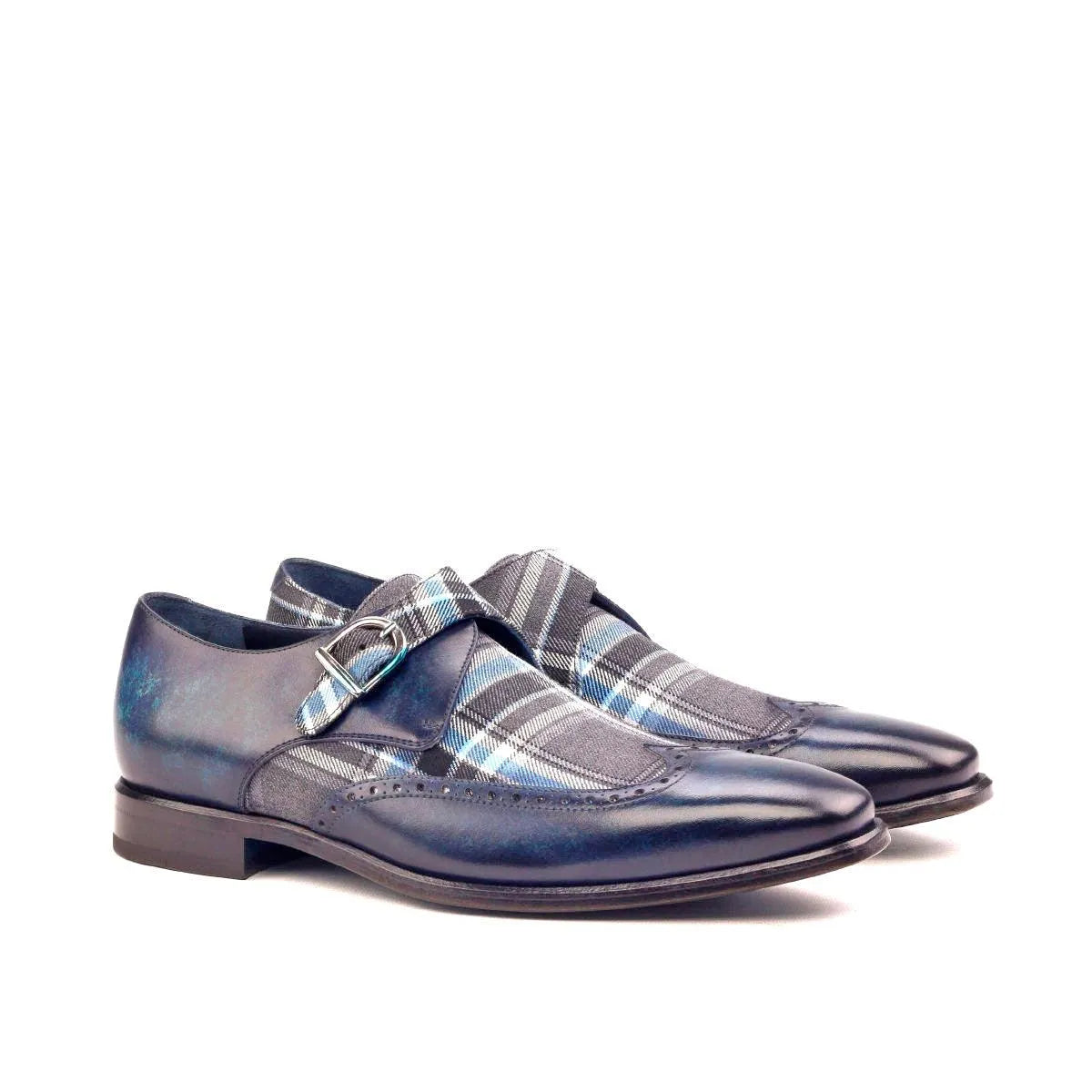 Blue leather and plaid Salute Single Monk Patina shoes with a stylish design