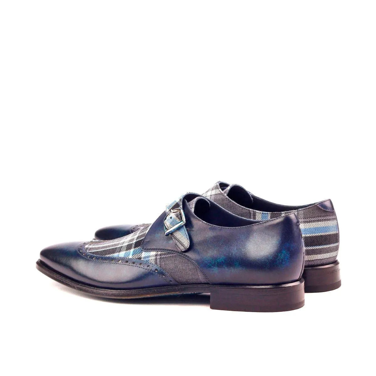 Pair of blue leather and plaid Salute Single Monk Patina dress shoes for stylish occasions