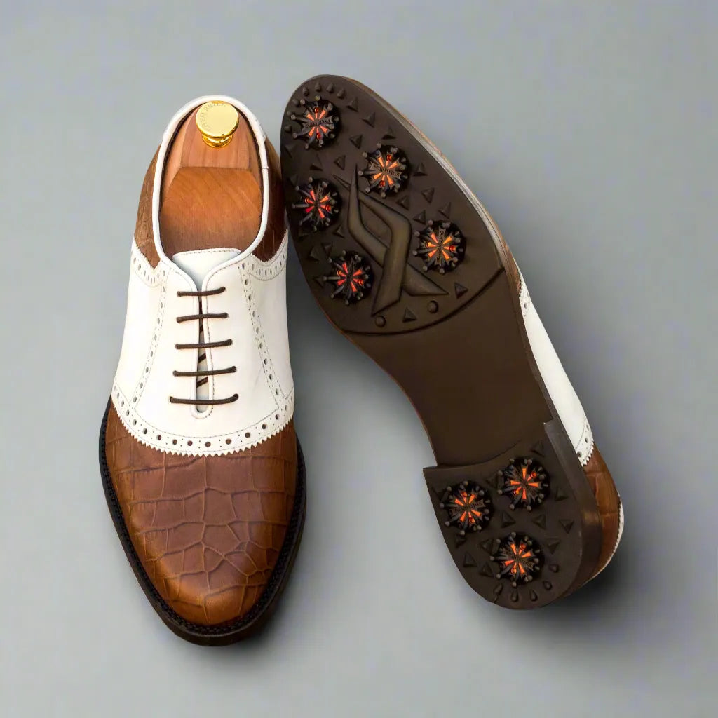 Two-tone Salvador golf shoes featuring spikes for enhanced performance on the course